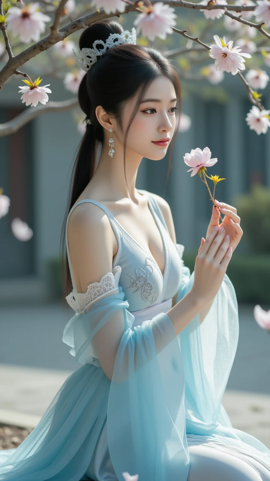 sakura，Hanfu，1 girl, (Low-key style: 1.5),  bangs, Lips, skirt,  long hair,  eyes , thigh,  strapless, Low-key style Chinese skirt, Chinese clothing, Lipstick, Realistic, Rose, Jewelry, earrings, curls, flower holding, Gloves, elbow Gloves, white Gloves, cosmetic,  白色thigh , White hair, flower,  stands,