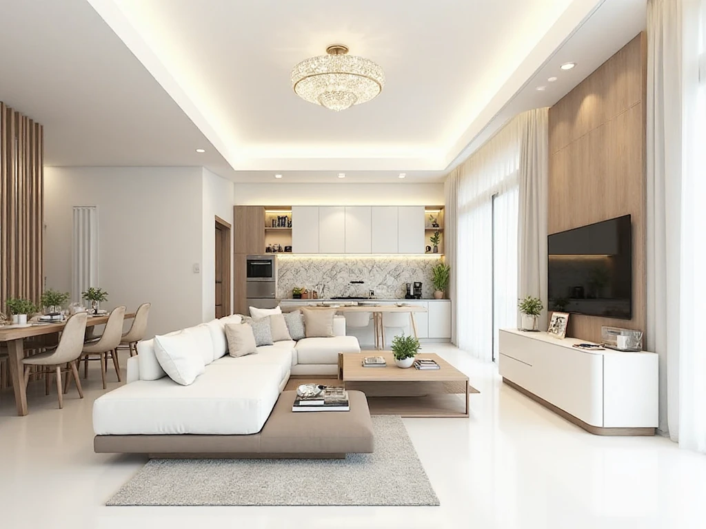 living room + kitchen 30m2, white color combines dark wood as an accent, Modern style, ceiling shimmering light lamp with full items