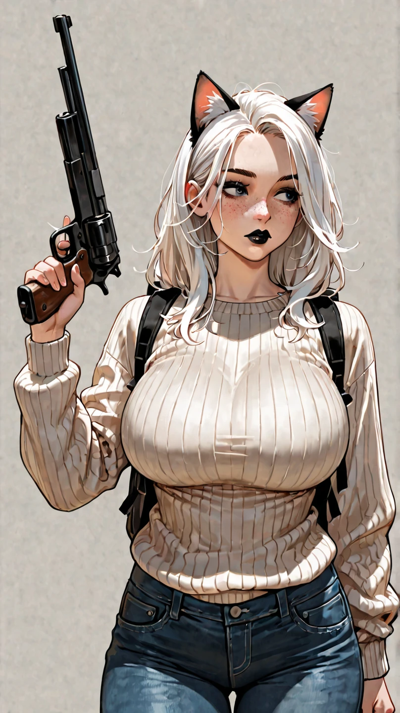 masterpiece, best quality, amazing quality, very aesthetic, absurdres, newest, scenery, extreme detail, 8k, detailed eyes, by Riolutiny, eyelashes, big breasts, Milf, mommy, human, shotgun, solo, big butt, thick thighs, curvaceous, 3d Model, 3d, By Bom39, cowboy shot, front view, black leggings