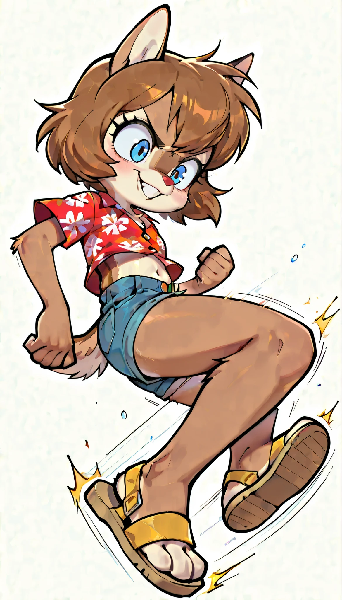 score_9, score_8_up, score_7_up, score_6_up,, hi_res, furry_source, absurdres, masterpiece, best quality, amazing quality, Chip'n Dale Rescue Rangers, 1girl, solo, alone, Femdale, furry, anthro, chipmunk girl, brown fur, blue eyes, chipmunk tail, red nose, brown hair, short hair, bangs, short body, short stature, ((red hawaiian shirt, claveage, one button fastened, denim shorts, sandals)), small breasts, navel, (very skinny:1.0), (Small, Short:1.1), (young cub:1.2), full body, feets with three toes, spread buckteeth, white background, fight stare, kick at viewer, kick act, kicking, jumping, angry, smile, speed lines,
