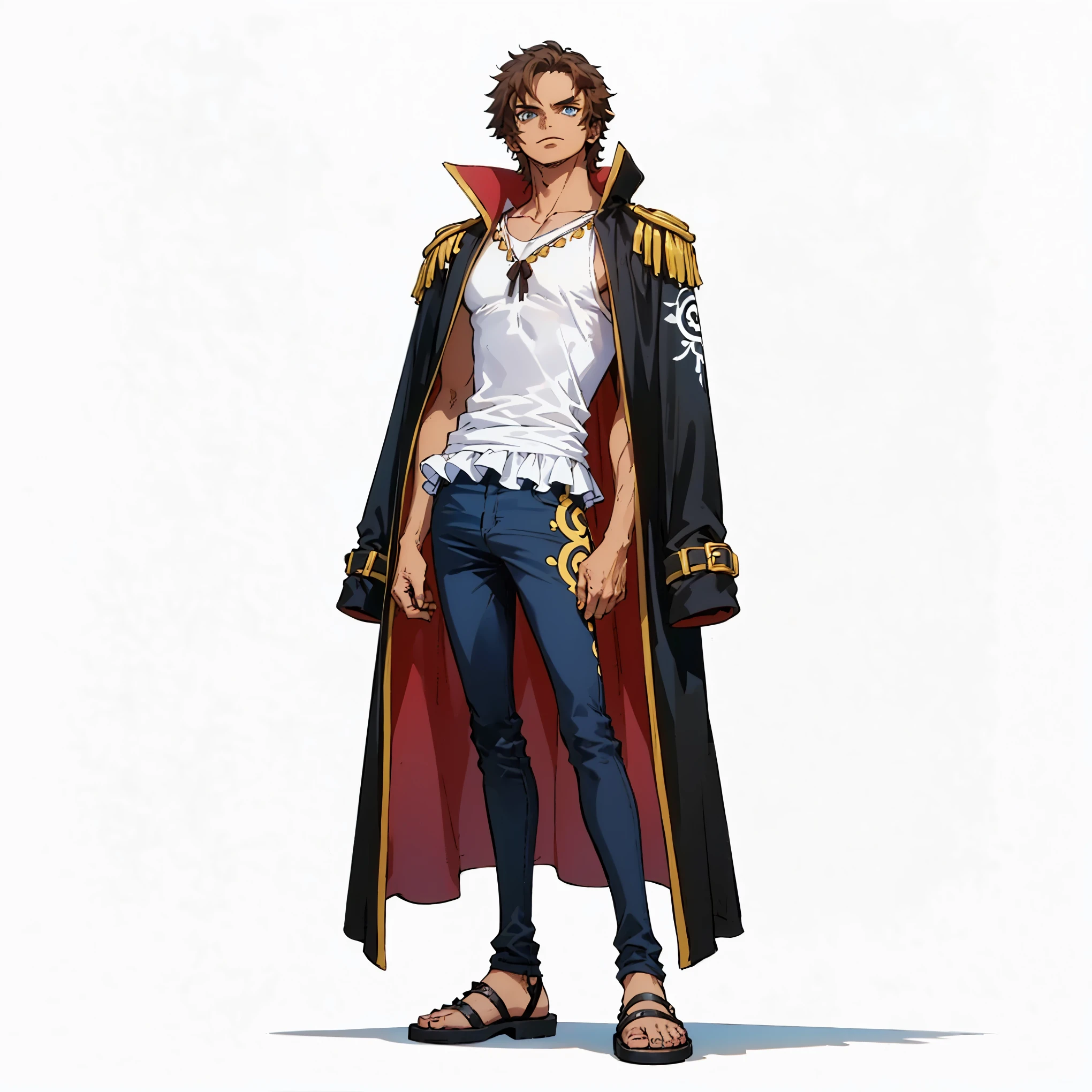 (male), (adult man), (slim body), (dark skin), (blue eyes), (brown short wavy hair), (calm face), (relaxed pose), (solo), (single character), (full body version), (white background), (no background), (highly detailed), (shadow), (standing pose), (natural light), (detailed outfit), (detailed hand), (detailed face), (detailed hair)
Wearing a sleeveless white shirt, dark blue loose pants with ruffled edges, a long black coat with gold trim and red inner lining draped over shoulders, and black sandals. (One piece style art)