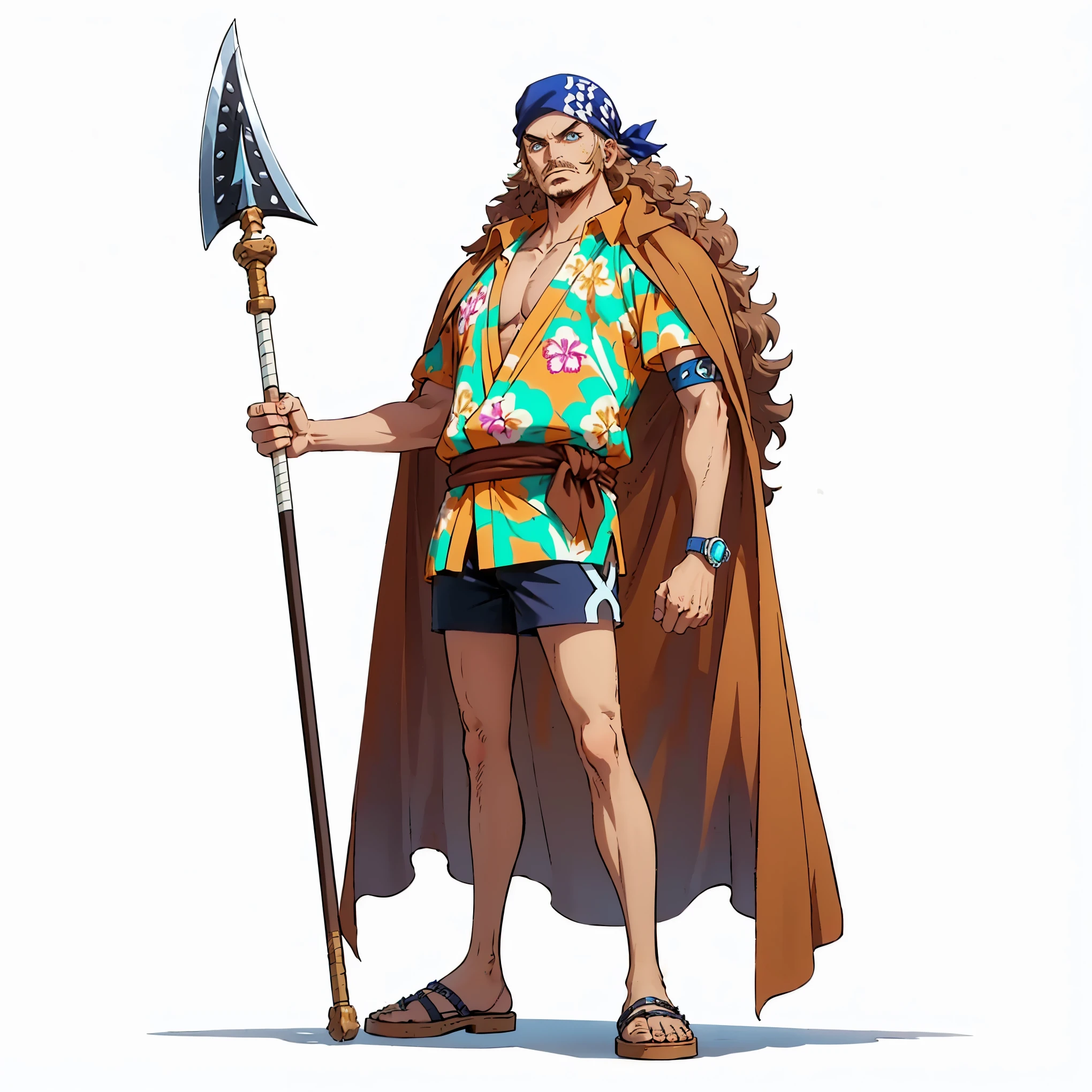 (male), (old man), (slim body), (dark skin), (blue eyes), Moustache, (brown short wavy hair), (calm face), (confident pose), (solo), (single character), (full body version), (white background), (no background), (highly detailed), (shadow), (standing pose), (natural light), (detailed outfit), (detailed hand), (detailed face), (detailed hair)
Wearing a colorful stylish Hawaiian shirt, short pants, a long flowing cloak, a bandana tied on the forehead, and simple sandals, arm band, holding an iron spear in one hand. (One piece style art)