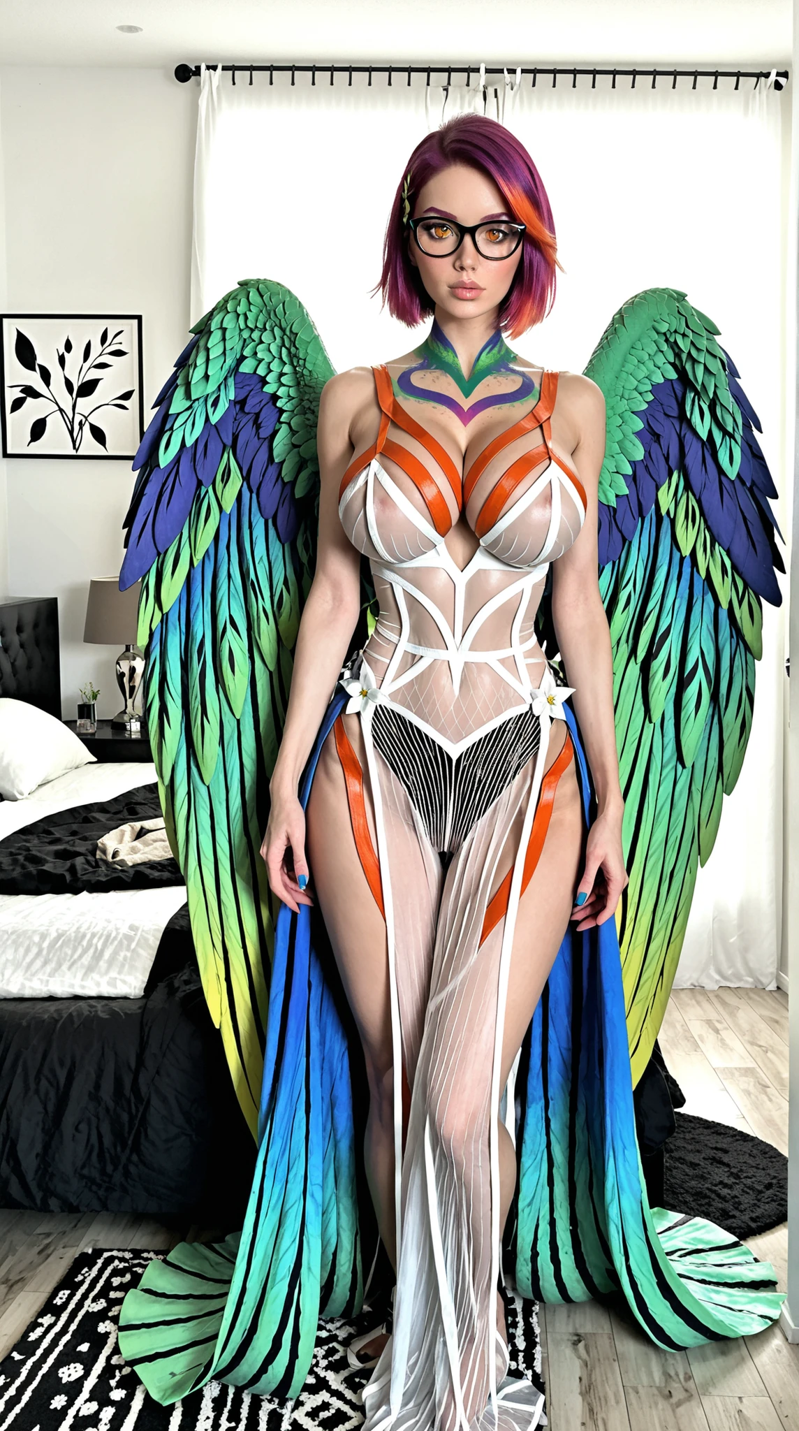 Full body Photo, full-length portrait of extremely perfect quality, front view, head-on view, front view, Standing straight, Facing front, well-lit face, slim heart-shaped face, extremely detailed body details, very perfect eyes, ultra realistic eyes, Two-colored eyes, Heterochromia iridis eyes, surreal, 1 girl, Lizard girl, Reptile's tail, Chameleon girl with four-winged angel, Girl sparkling Red orange highlight hair, Red orange highlights hair, Short hair, " Neeko Star guardian League of Legends ", A girl standing with a captivating pose, body facing forward with a frontal view covering the entire body, 1.6 meters tall girl, 2 arms hanging down, looking straight ahead, Balanced face with a slim pointed chin, " sharp, slender chin ", Heart-shaped lips, Perfectly symmetrical lips, slim lips, Not blindfolded, Super detailed face, super detailed body, Standing posture always facing forward facing the frame, don't turn your body to the right and left, Wearing black glasses, legs spread wide, Close mouth, Venus body, huge breasts, Gigantic Ass, bubble butt, super small waist, sagging breasts, Extremely detailed super large slanted eyes with thick eyelids, long eyelid tail, Huge double eyelids, "Create big, beautiful, and captivating eyes" , High slim nose, slim nose bridge, small slim nose wings, smaller nasal septum, fine nose, Narrow nostrils, Thin wings of the nose, slim nose wing, high nose tip, hourglass figure, Anatomically correct body details, sexy bare legs, Full body front view portrait of a girl wearing glasses, wearing a white one-piece wedding dress with sheer floral lace that shows off her alluring Belly and large breasts with deep cleavage, huge sexy thighs, huge breasts, deep cleavage, " The girl experiencing a surge of pleasure and arousal, with the fluid from her vulva splashing outside ", No vaginal discharge sticking to the chest, Not Sparkle effect, Nature background or indoor background or Post-apocalyptic background or monochrome background.