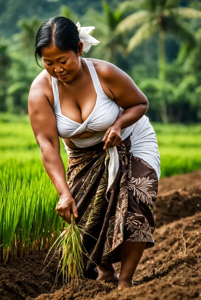 An Indonesian Java Island village 50 yo woman is diligently planting rice plants in the soil,  at a 90-degree angle at the waist with her backs straight. She is wearing Java batik sarong wrapped knotted at hip and white tank-top. She is full figured curvaceous volumptuous  toned abs. Front view.