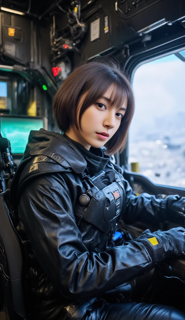 164
Shorthair,  (a 20 yo woman, standing), A hyper-realistic, gentle smile, sci-fi cool suit, (口紅),  in the cockpit of an old fashioned fighter aircraft