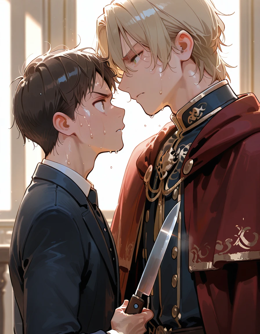 ((Highest quality)), ((masterpiece)), (detailed), （Perfect Face）、The woman is Princess Leona, a vampire and Countess of Dracula, with medium-long light brown hair and a Countess of Dracula costume with a vampire cloak.、A woman is embracing and kissing Count Dracula