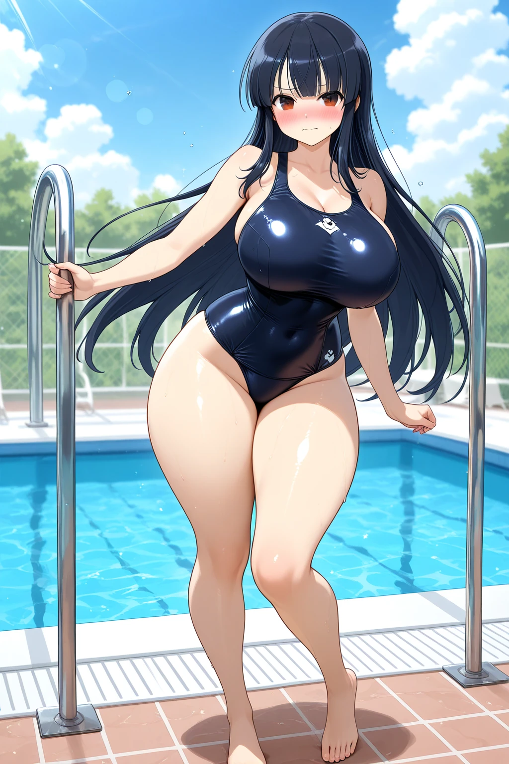 masterpiece, good quality, best quality, very as2, absurdres, highres, shadow,
takamine ayako, mature female, 1girl, solo, feet out of frame, 
standing, arms behind head, 
looking at viewer, blush, embarrassed, 
black hair, low ponytail, blue eyes, 
blue one-piece swimsuit, highleg, shiny skin, wet,
curvy, large breasts, thigh thighs, wide hips, covered nipples, cameltoe, 
outdoors, poolside, water, refraction, day, blue skies, clouds,
<lora:Takamine Ayako 3216NoobAIEpsilon075:1>