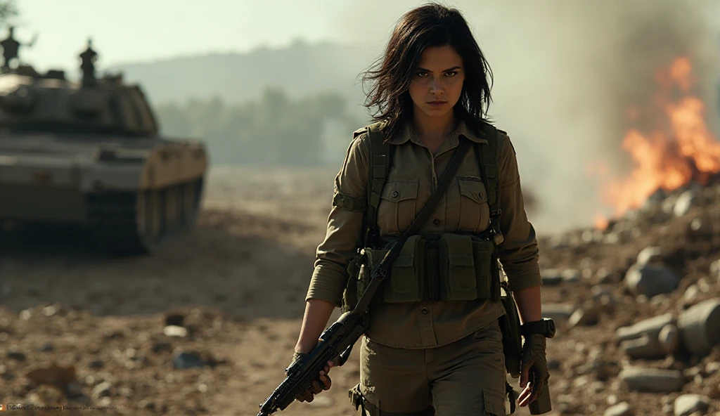 (masterpiece, best quality, ultra-realistic, RAW photo, detailed skin, 8k UHD, high quality:1.2), digital style painting photo of a young beautiful soldier woman, attacking stance, long hair, dirty military attire and gear, sunset, WW2, war city background, ruin city, high saturation, highly detailed, digital art, film grain, movie poster style