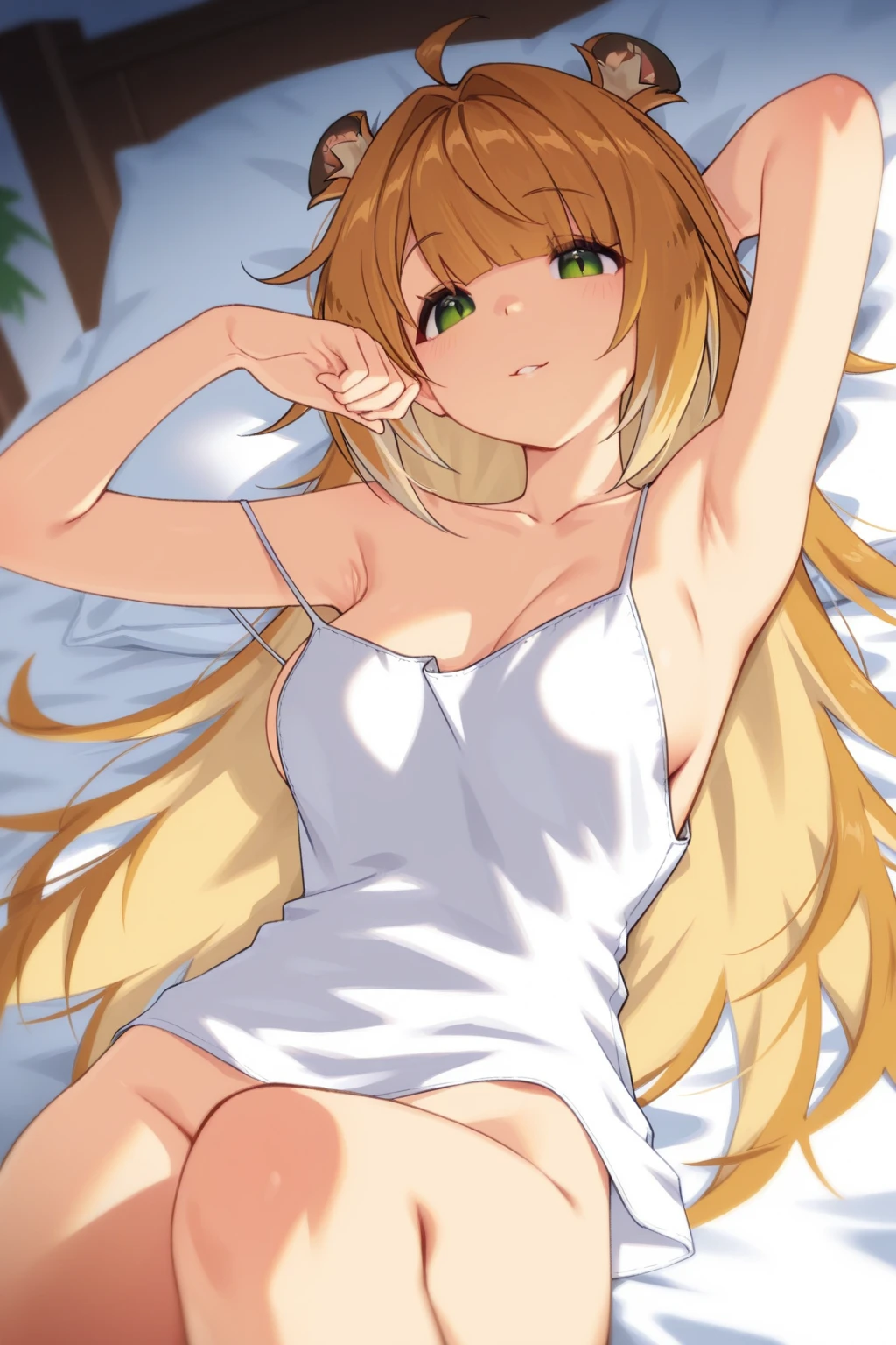 (masterpiece),(best quality),(ultra-detailed),(best illustration),(best shadow),(absurdres),(detailed background),(very aesthetic), kirino kousaka, blonde hair, long hair, hair clip, green eyes, bangs, naked, on bed, covering breasts, covering crotch, lying, upper body<lora:XL-KirinoKousakav1:1>