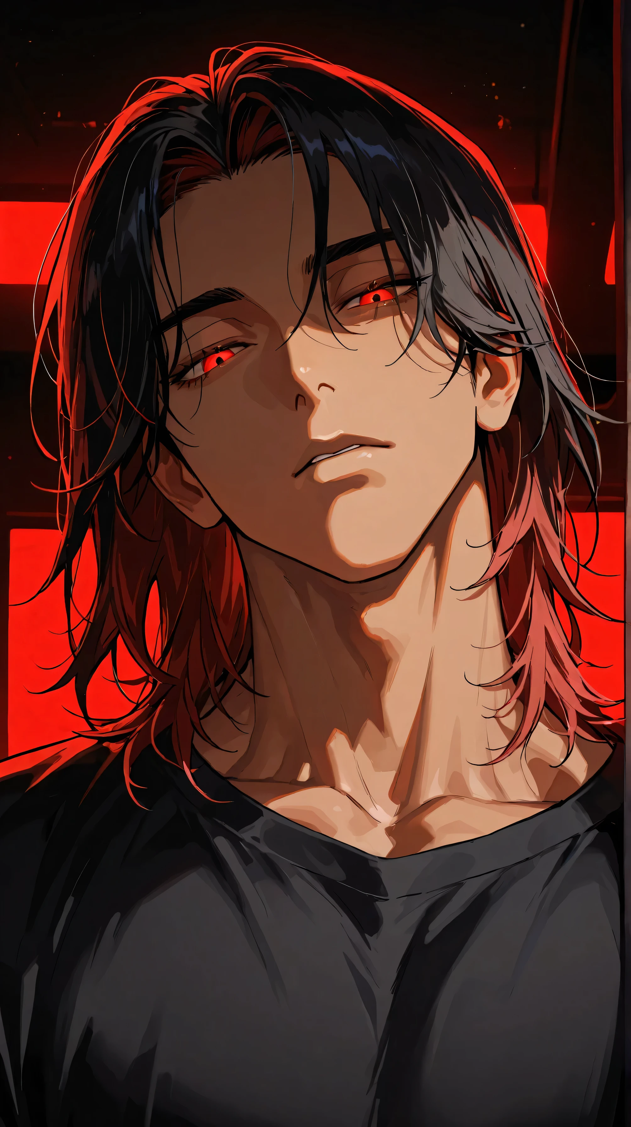 1 man, very handsome, wavy black hair, one line of red hair, middle part hair, medium length hair, head tilt, eyelashes, devil red eyes, glowing red eyes, cold eyes, light brown skin, neon red lighting, shading, dark room, face close up, looking down at viewer, full face, muscular neck, thick neck, black shirt, detailed, masterpiece