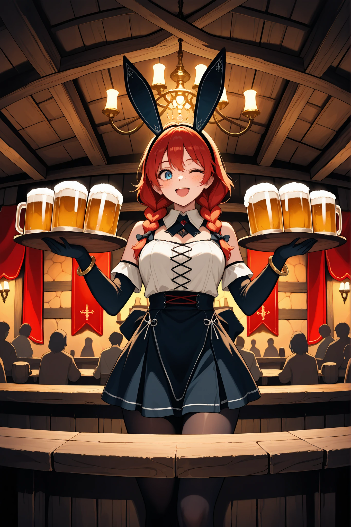 masterpiece, best quality, very aesthetic, high resolution, ultra-detailed, absurdres, newest, dramatic lighting, dynamic illustration, indoors, midnight, vinbmf, scenery, vintage, medieval, wooden tables, tavern, counter, red lamps, dark, red tapestry, small chandelier, crowed, crowd silhouette, 1girl, medium hair, redhead, twin braids, freckles,skirt,fake animal ears,elbow gloves,bracelet,pantyhose, hands holding trays, hands holding beer mugs, delivering orders to customers, energetic face, open smile, wink, dutch angle