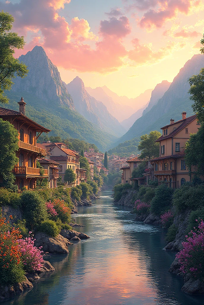 A small town by the river, mountains in the background, flores florales coloridas, detailed landscape style, beautiful natural landscapes, atmospheric lighting, scorching sunset, warm colors, practical, photographic woman, detailed foliage, complex buildings, cobblestone street, charming country house, vibrant colors, lush vegetation, reflections in water,  picturesque, idyllic, Artwork, best quality, 8K, EXTREMADAMENTE DETALLADO, anime style