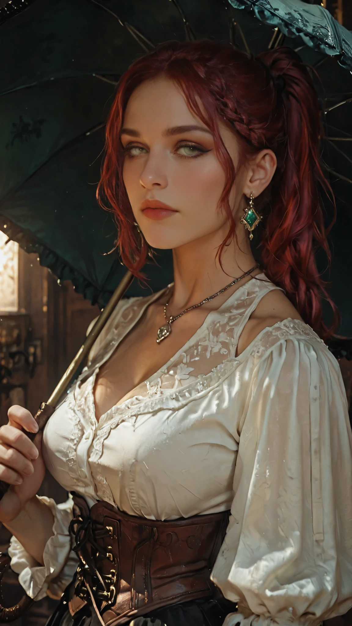A character reference concept art in a realistic mature anime belnd  with subtle 3d cel shading, studio lighting sharp glowing highlights , strong rim light, dramatic backlight soft defused frontal light and strong light glow from a side casting sharp shadows creation a strong contrast effect, strong rim light  in a frontale view face focused portrait shot with simple background. The character is a female pirate, with thick curvy body shape mature and busty alluring figure yet muscular, medium build, 160cm, perfect beautiful face features with thin snob nose, thick kissable lips, crimson red hair ponytail and braided bangs, (green eyes), eyeliner, thick eyelashes and eyebrows, wearing ( white victorian shirt)) showing clivage and bare shoulders,silver pendant with medaillon, emerald earrings, leather corset, black skirt, knee-high leather boots, holding a dark green umbrella overheads 