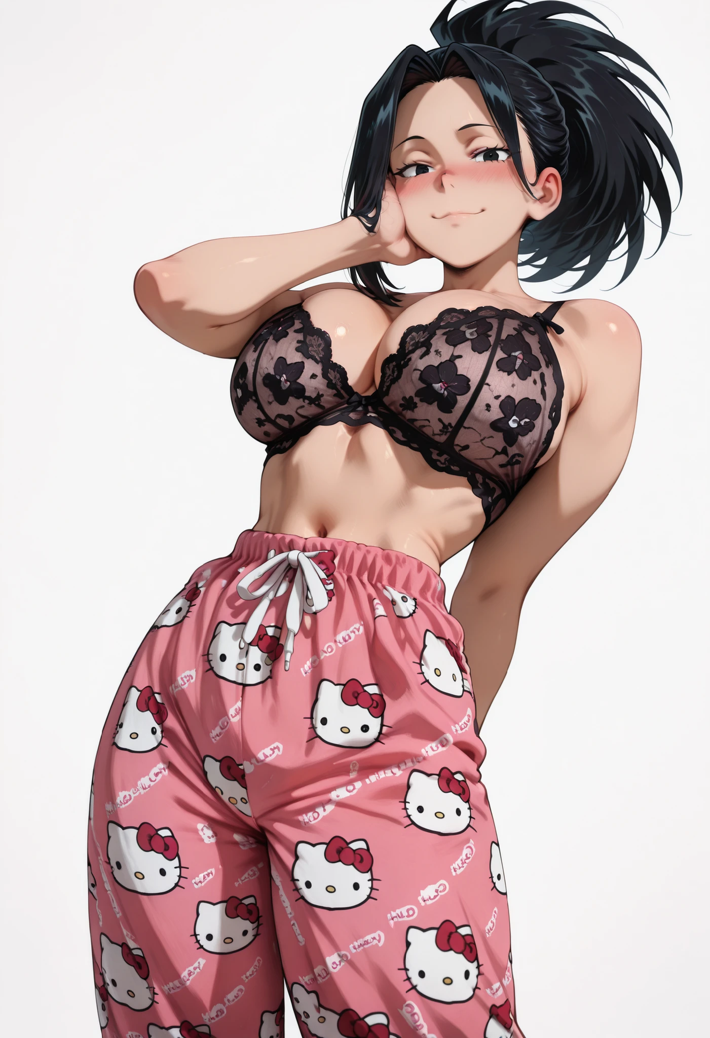 nose blush, shiny legs, shiny body, shiny hair, clear skin, clear body, short hair,, white background, simple background, standing, (masterpiece), best quality, expressive eyes, perfect face,1girl,(large breasts),, nose blush, looking at viewer,, nice legs, white background, simple background, posing, yaoyorozu momo, long hair, bangs, black hair, ponytail, black eyes, high ponytail, wide ponytail, tight clothes,,, COWBOY SHOT,, SOLO,solo, large breasts, thick thigh, dynamic pose, navel ,midriff,,, LOOKING AT VIEWER, WHITE BACKGROUND, EMPTY BACKGROUND, soft smile,, DYNAMIC POSE, sheer black lace lingerie bra, hello kitty pajama pants,pink/pants,hello kitty pajama pants, pink/pants,, hello kitty pajama pants,pink/pants,hello kitty pajama pants, pink/pants,, hello kitty pajama pants,pink/pants,hello kitty pajama pants, pink/pants, big ass, one hand behind on her, one hand on face, black lace crop top