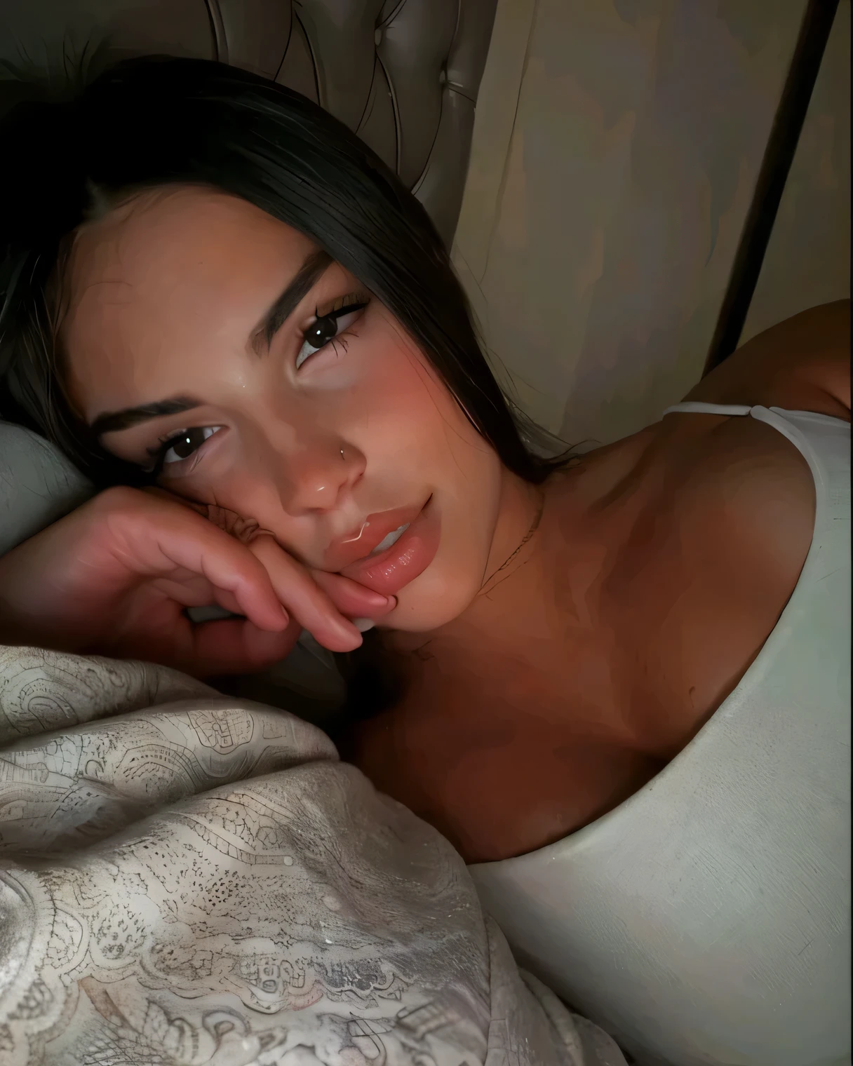 there is a woman laying in bed with her hand on her face, violet myers, posing in bed, 18 years old, showing her face, gorgeous latina face, sexy face, she is facing the camera, sexy look at the camera, she is about 20 years old, she is about 2 0 years old, perfectly lit face, she has a cute face