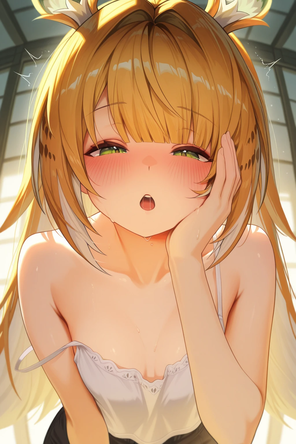 (masterpiece:1.2), (highest quality:1.2), perfect eyes, perfect face, perfect lighting, middle ages, bed, 1 girl, blonde, yellow-green eyes, ((hair over one eye)), eyes closed , (((wavy hair))), bun_head, medium hair, ((((nude)))), cute eyes, open mouth, ((from above)), ((front)), (panting) , ((spread legs)), (glaring), spoken heart, ((big breasts)), nipple, ((((cum on body)))), ((angry)) , abs