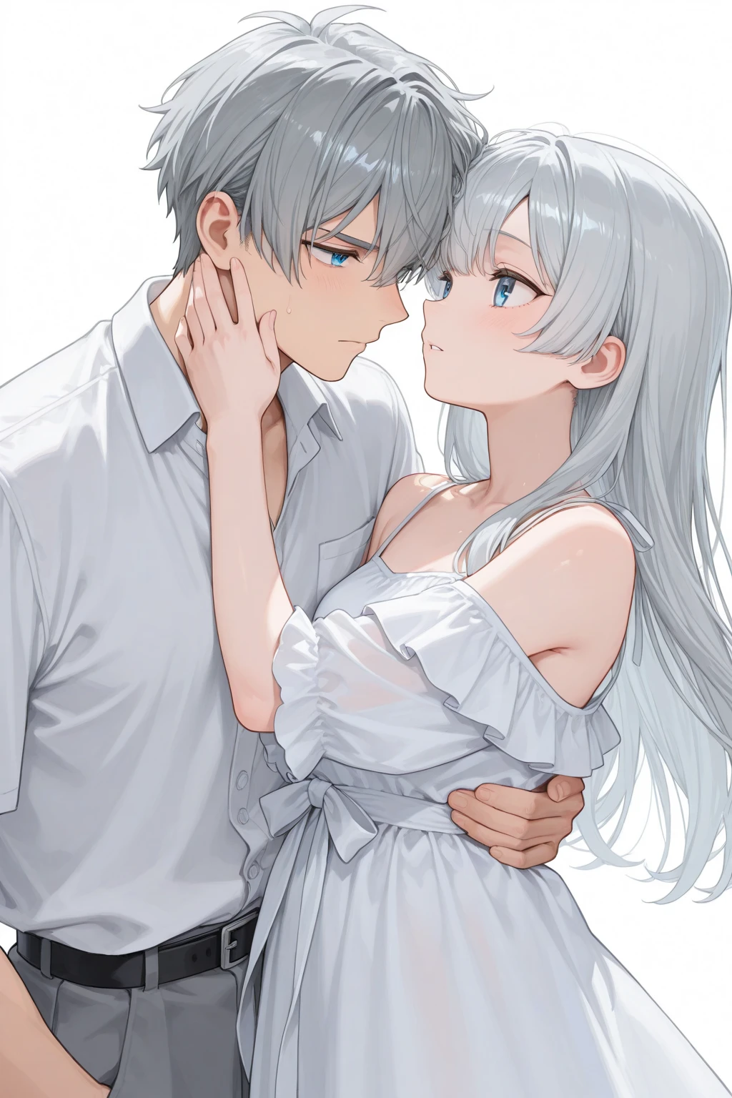 boy hugging a girl both have white hair 