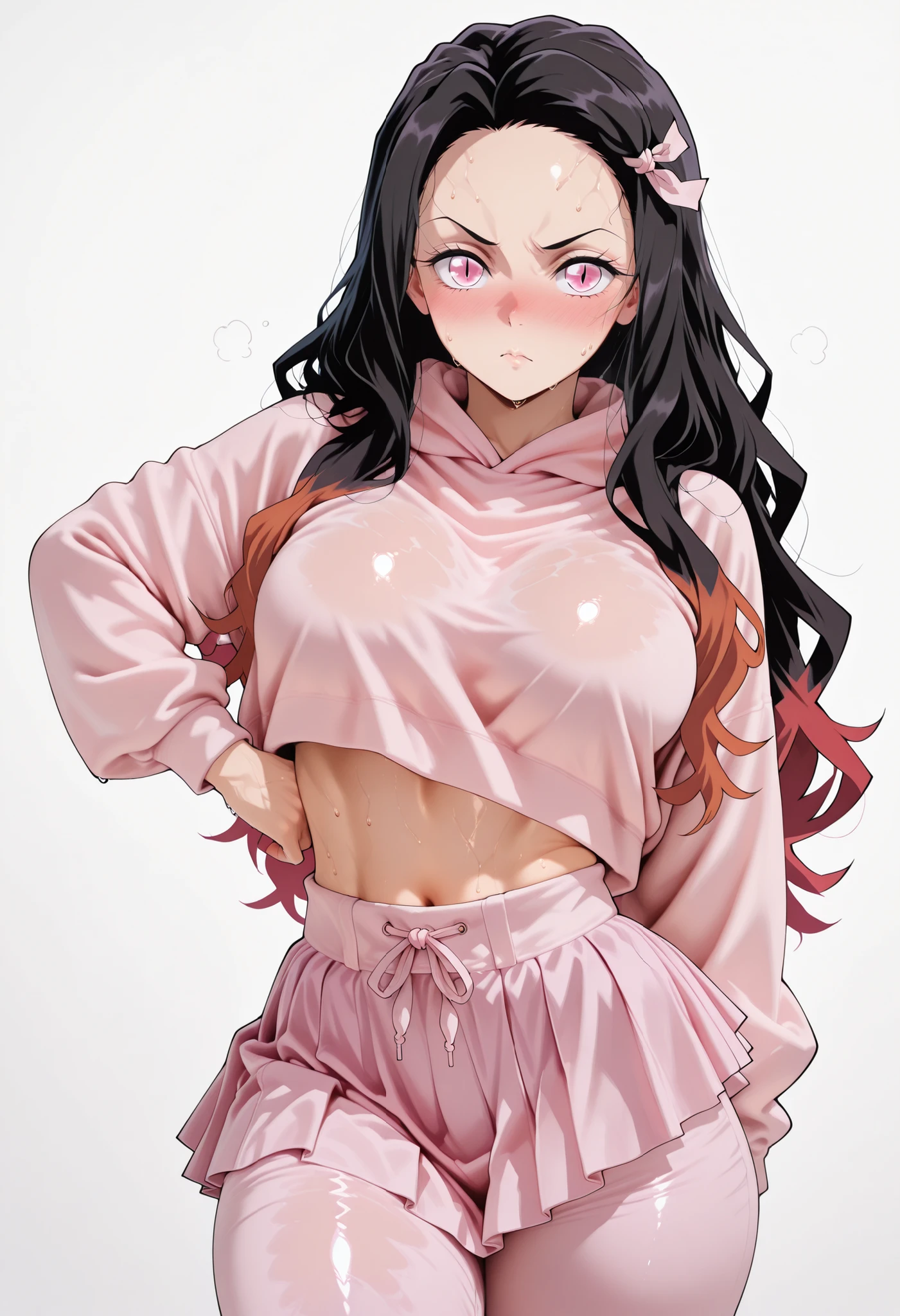score_9, score_8_up, score_7_up, source_anime, sweat, sweaty, large breasts, looking at viewer, standing, sweay:1.3,, navel, midriff,, large breasts, nose blush, solo, female, thick thigh, thick thighs, sweat, sweaty, sweaty:1.3,, nezuko, nezuko from demon slayer, nezuko kamado, black hair, forehead, hair ribbon, long hair, multicolored hair, pink eyes, orange hair, slit pupils, wavy hair, two-tone hair, SOLO,, MIDRIFF, NAVEL, cowboy shot, solo, posing, pose, bare breasts, shiny skin, shiny hair, shiny body, clear body, , white background, empty background, MATURE BODY, POSING, pink hoodie, pants under skirt, pink skirt, pink pants