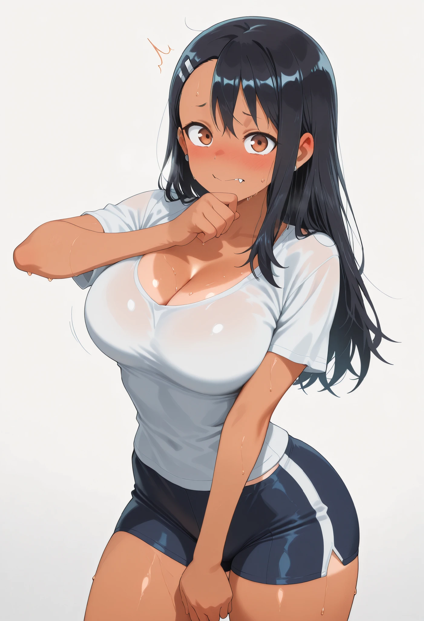 core_9, score_8_up, score_7_up, score_6_up, score_5_up, score_4_up, masterpiece, high quality, BREAK, 1girl, 1girl,, looking at viewer, nose blush, shiny legs, shiny body, shiny hair, clear skin, clear body, solo, thick thigh, thick thighs, solo, female, large breasts, looking at viewer, tan lines, large breasts, 1girl, hayase nagatoro, long hair, bangs, black hair, hair ornament, brown eyes, hairclip, fang, dark skin, dark-skinned female, tan, ,,,, dynamic pose, POSING, LARGE BREASTS, NOSE BLUSH, COVERED BREASTS,, ,, dynamic pose,, opaque clothes, LOOKING AT VIEWER, COWBOY SHOT,,, POSING, large breasts,, sweat, sweaty, sweaty:1.3, nose blush,, looking at viewer, nice legs, legs, standing, solo, female, shiny skin, shiny hair, shiny body, clear body, COWBOY SHOT,. High-resolution anime-style illustration, clean lines, smooth shading, and rich fabric details., opaque clothes, LOOKING AT VİEWER, opaque clothes, POSING,, CLEAVAGE, POSING, looking at viewer, NOSE BLUSH, LARGE BREASTS , CLEAVAGE, alone, earrings, nose blush, solo, STANDING, POSING,, ,, ,, , , , ,, , , , , ,, , , , , ,, , ,
, LARGE BREASTS, PROFESSIONAL LIGHTING, LIGHTED BODY, thick thigs, wide hips, slim waist, POSING, STANDING UPRIGHT, THICK THIGS, OPAQUE CLOTHES, white background empty background,boyshorts, boxer briefs,boyshorts, boxer briefs,boyshorts, boxer briefs,boyshorts, boxer briefs,,boyshorts, boxer briefs,