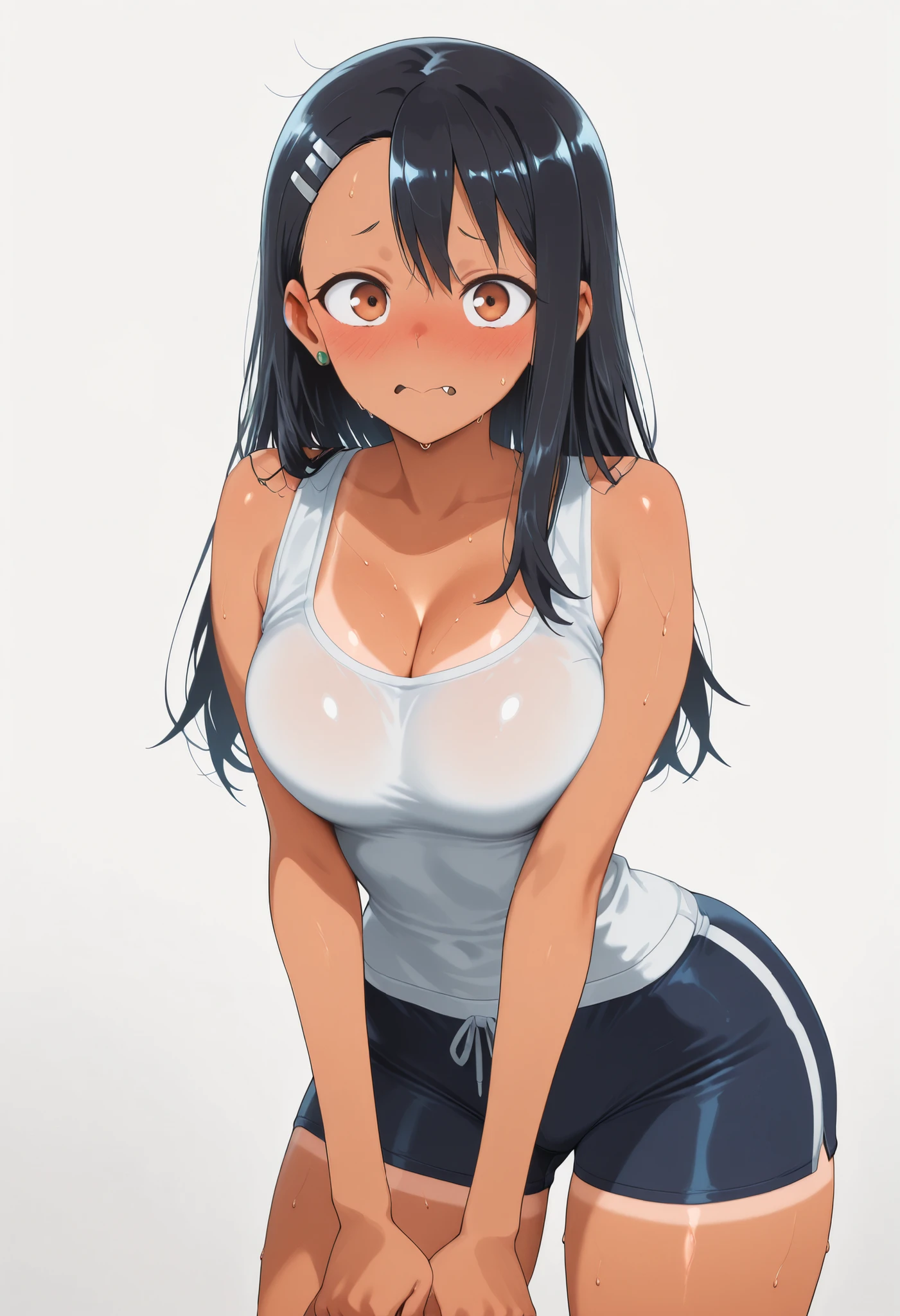 core_9, score_8_up, score_7_up, score_6_up, score_5_up, score_4_up, masterpiece, high quality, BREAK, 1girl, 1girl,, looking at viewer, nose blush, shiny legs, shiny body, shiny hair, clear skin, clear body, solo, thick thigh, thick thighs, solo, female, large breasts, looking at viewer, tan lines, large breasts, 1girl, hayase nagatoro, long hair, bangs, black hair, hair ornament, brown eyes, hairclip, fang, dark skin, dark-skinned female, tan, ,,,, dynamic pose, POSING, LARGE BREASTS, NOSE BLUSH, COVERED BREASTS,, ,, dynamic pose,, opaque clothes, LOOKING AT VIEWER, COWBOY SHOT,,, POSING, large breasts,, sweat, sweaty, sweaty:1.3, nose blush,, looking at viewer, nice legs, legs, standing, solo, female, shiny skin, shiny hair, shiny body, clear body, COWBOY SHOT,. High-resolution anime-style illustration, clean lines, smooth shading, and rich fabric details., opaque clothes, LOOKING AT VİEWER, opaque clothes, POSING,, CLEAVAGE, POSING, looking at viewer, NOSE BLUSH, LARGE BREASTS , CLEAVAGE, alone, earrings, nose blush, solo, STANDING, POSING,, ,, ,, , , , ,, , , , , ,, , , , , ,, , ,      
         , LARGE BREASTS, PROFESSIONAL LIGHTING, LIGHTED BODY, thick thigs, wide hips, slim waist, POSING, STANDING UPRIGHT, THICK THIGS, OPAQUE CLOTHES, white background empty background,boyshorts, boxer briefs,boyshorts, boxer briefs,boyshorts, boxer briefs,boyshorts, boxer briefs,,boyshorts, boxer briefs,