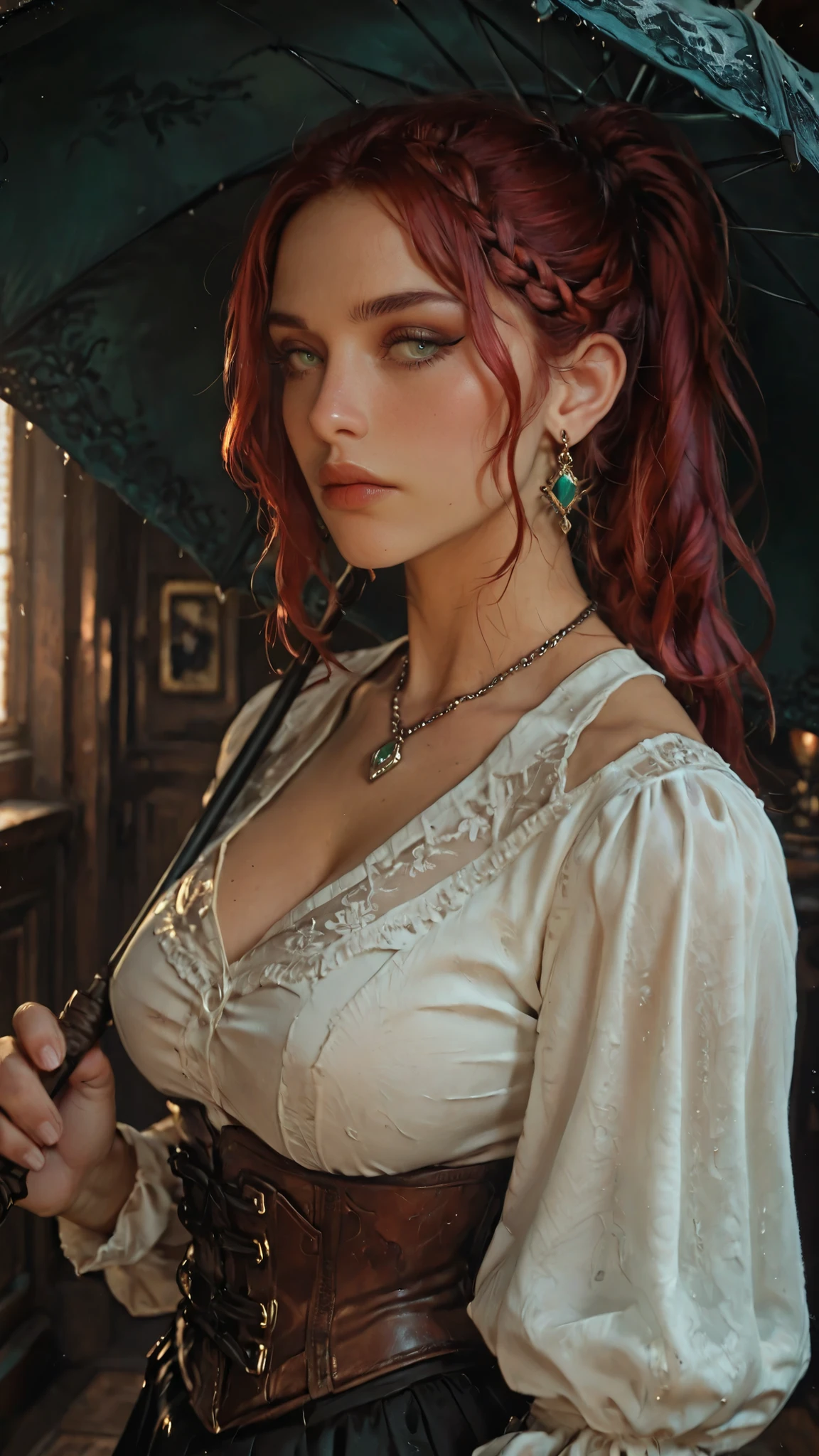 A character reference concept art in a realistic mature anime belnd  with subtle 3d cel shading, studio lighting sharp glowing highlights , strong rim light, dramatic backlight soft defused frontal light and strong light glow from a side casting sharp shadows creation a strong contrast effect, strong rim light  in a frontale view face focused portrait shot with simple background. The character is a female pirate, with thick curvy body shape mature and busty alluring figure yet muscular, medium build, 160cm, perfect beautiful face features with thin snob nose, thick kissable lips, crimson red hair ponytail and braided bangs, (green eyes), eyeliner, thick eyelashes and eyebrows, wearing ( white victorian shirt)) showing clivage and bare shoulders,silver pendant with medaillon, emerald earrings, leather corset, black skirt, knee-high leather boots, holding a dark green umbrella overheads 