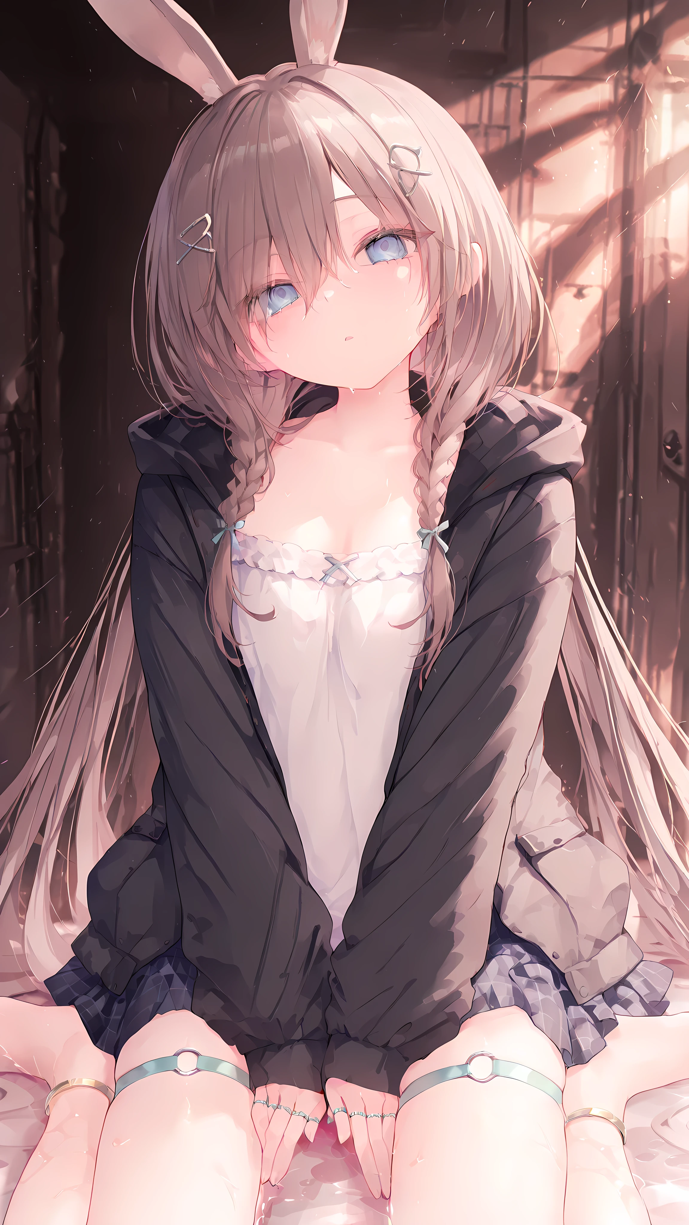 ,brown hair, long hair, sidelocks, low ponytail, blue eyes, rabbit ears, blouse, black hooded jacket, ring, blue checkered skirt, brown, pantyhose, Thigh Strap, anklet,rurudo,yandere,yandere,(shaded face:0.7),(empty eyes:0.7),head tilt,masterpiece, best quality, very aesthetic,Your clothes are wet,in tne water,Cypress bath,hair over one eye,wolf cut hair,Shiny ,Skin,,,1 girl , big ,solo,upper body shot 青い目, wet,水面 ,Long Hair, side braids, hair clip, , color inner hair, perfect pussy (masterpiece, Highest Quality, Newest, high resolution), , 1girl, long hair, , solo, , bangs, , barefoot, very long hair, blush, blurry, blurry background, dutch angle, 1girl,, hair ornament, , long hair, , solo, wariza, , braid, barefoot, hair between eyes