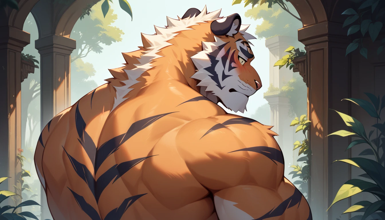 masterpiece, best quality, 8k resolution, Very detailed, hairy，tiger，((red hair))，muscle，Strong，超大muscle，((Sweating))，(((Purple pupils)))，For the audience，(((Ancient times)))，portrait，((()))，(Highest quality scene)，(((crotch cloth)))，(((grassland)))，(((Blushing)))，(((Hip bulge)))，(((Ultra clear eyes))，(((erectile)))，((Solitary))，((whole body))，(((Sunlight)))，(((sitting)))，((Mature))，(((Uncle)))，(((Orange fur)))，((Shame))，((Spread your legs))