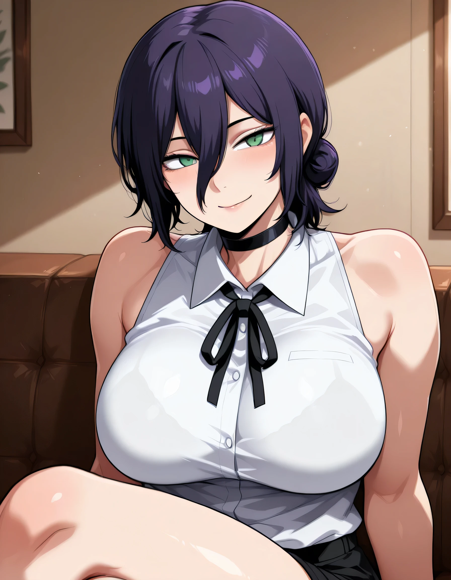 1 girl, reze \(chainsaw man\), black choker, purple hair, choker, eyebrows hidden by hair, green eyes, hair between eyes, long bangs, medium hair, curvy body, big breasts, bare shoulders, black ribbon, black shorts, collar, collared shirt, neck ribbon, ribbon, shirt, shorts, sleeveless, sleeveless shirt, white shirt, sitting in the living room, malicious expression, smile, legs crossed, upper body