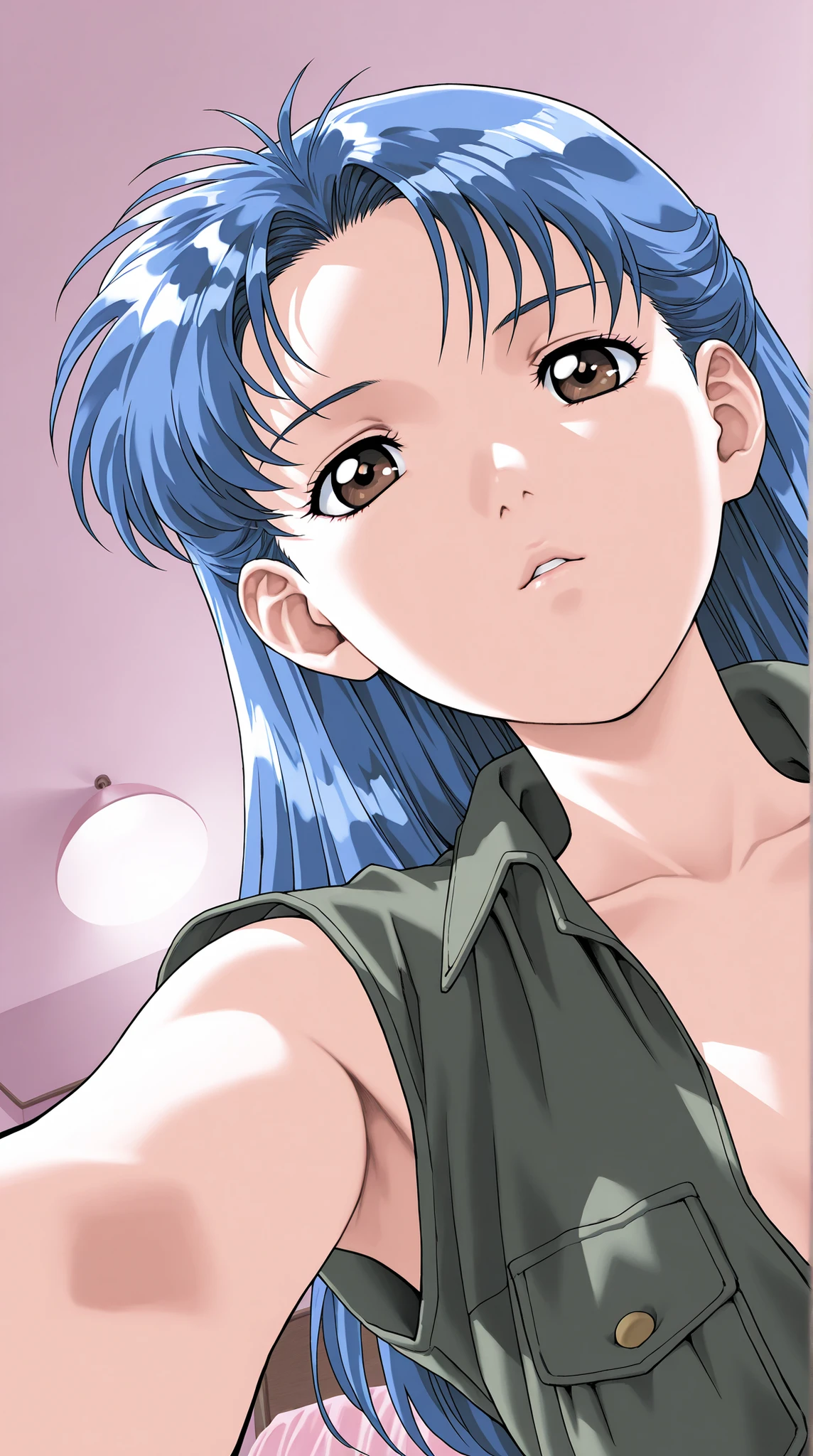 ,high resolution, Ultra Fine,Extremely Aesthetic,Highest Quality ,Vest Arm,  Narisawa Misaki,, blue hair, long hair, bedroom、brown eyes, big  , Slim, Woman,1 person,solo,straight hair,Full , , red cheek ,  pink bed,,  gentle face,Extreme close-up,perspective,  face waiting for a kiss,front face,Staring at the Audience,,from below,Fully 