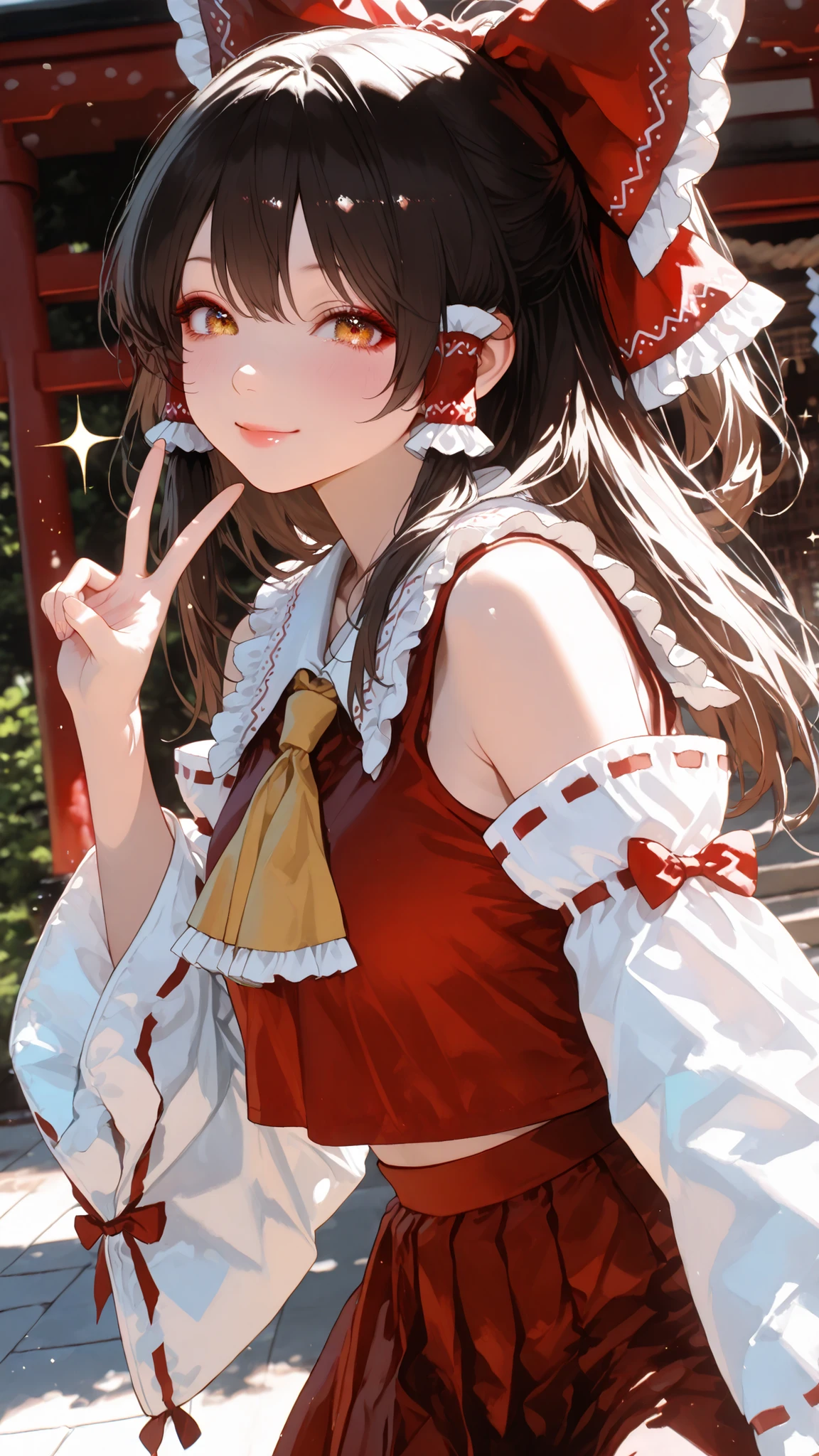 1 beautiful girl,Beautiful colored light, Sparkle in the eyes, glossy lips, slender body, Sensual Body, (V, Smile Yan), beautiful skin,Tranquil standing in natural light,Shrine grounds, High Quality, Realistic Portraits,realistic texture,Precise Depiction,deep focus,Vivid Colors,grace,Elegant Atmosphere,hakurei_reimu,1girl,solo,detached sleeves,hair bow,red bow,ascot,hair tubes,skirt,frills,red skirt,yellow ascot,wide sleeves,frilled bow,red shirt,frilled skirt,ribbon-trimmed sleeves,frilled shirt collar,bare shoulders,red vest,petticoat,nontraditional miko