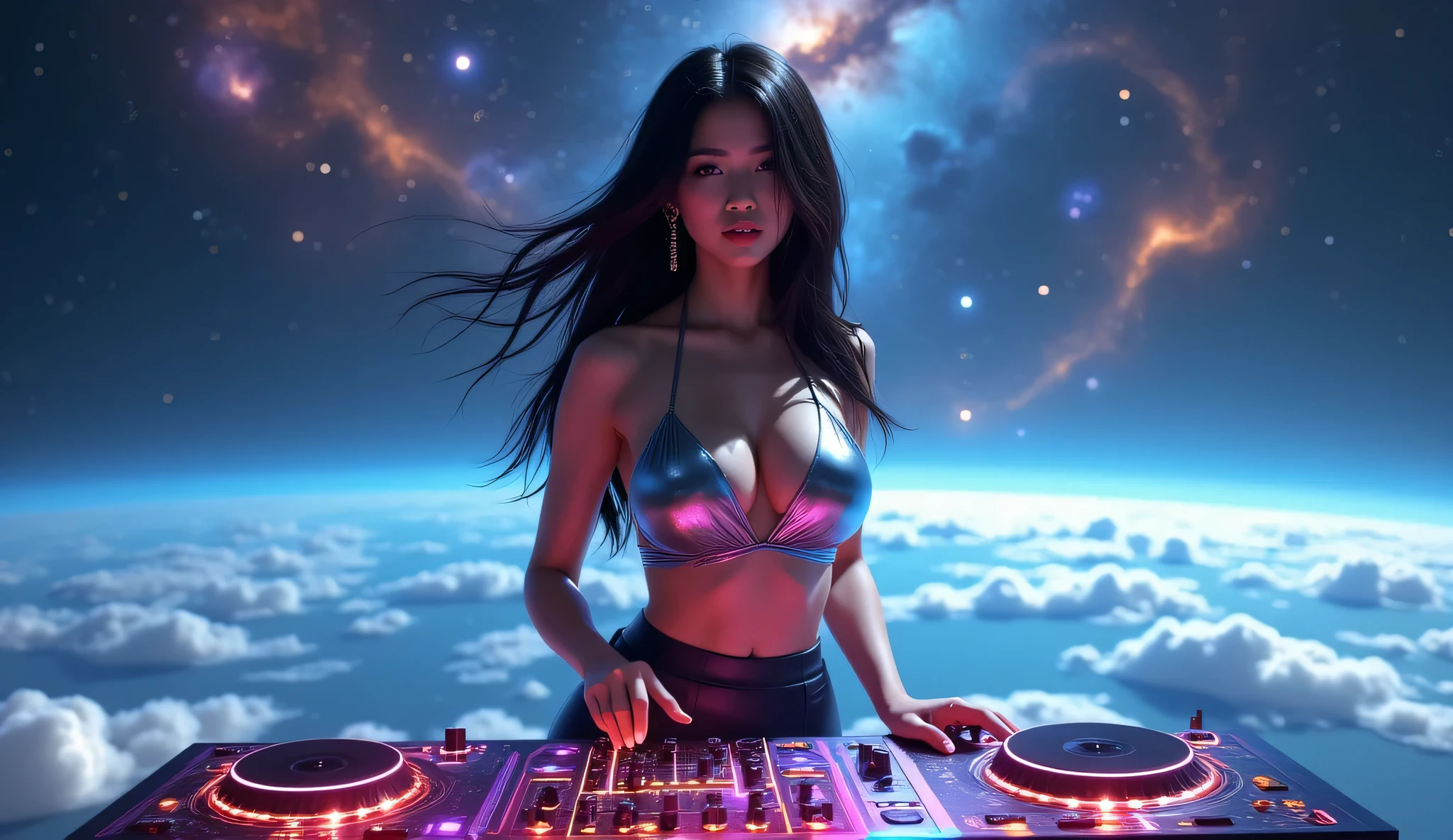 A stunning Asian woman DJ performing on a floating futuristic stage above an ocean suspended in outer space, waves shimmering with starlight and cosmic reflections, galaxy sky full of colorful nebulas and shooting stars, glowing DJ turntable with holographic sound waves and laser beams, her long glossy black hair flows with cosmic wind, wearing a sleek metallic silver crop-top and black leather pants, confident and sexy pose, neon lights around her, camera angle low and dramatic, lens flare, cinematic lighting, ultra-detailed, realistic 3D render, 9:16 vertical, 4K, dynamic energy, sci-fi fantasy concert vibe