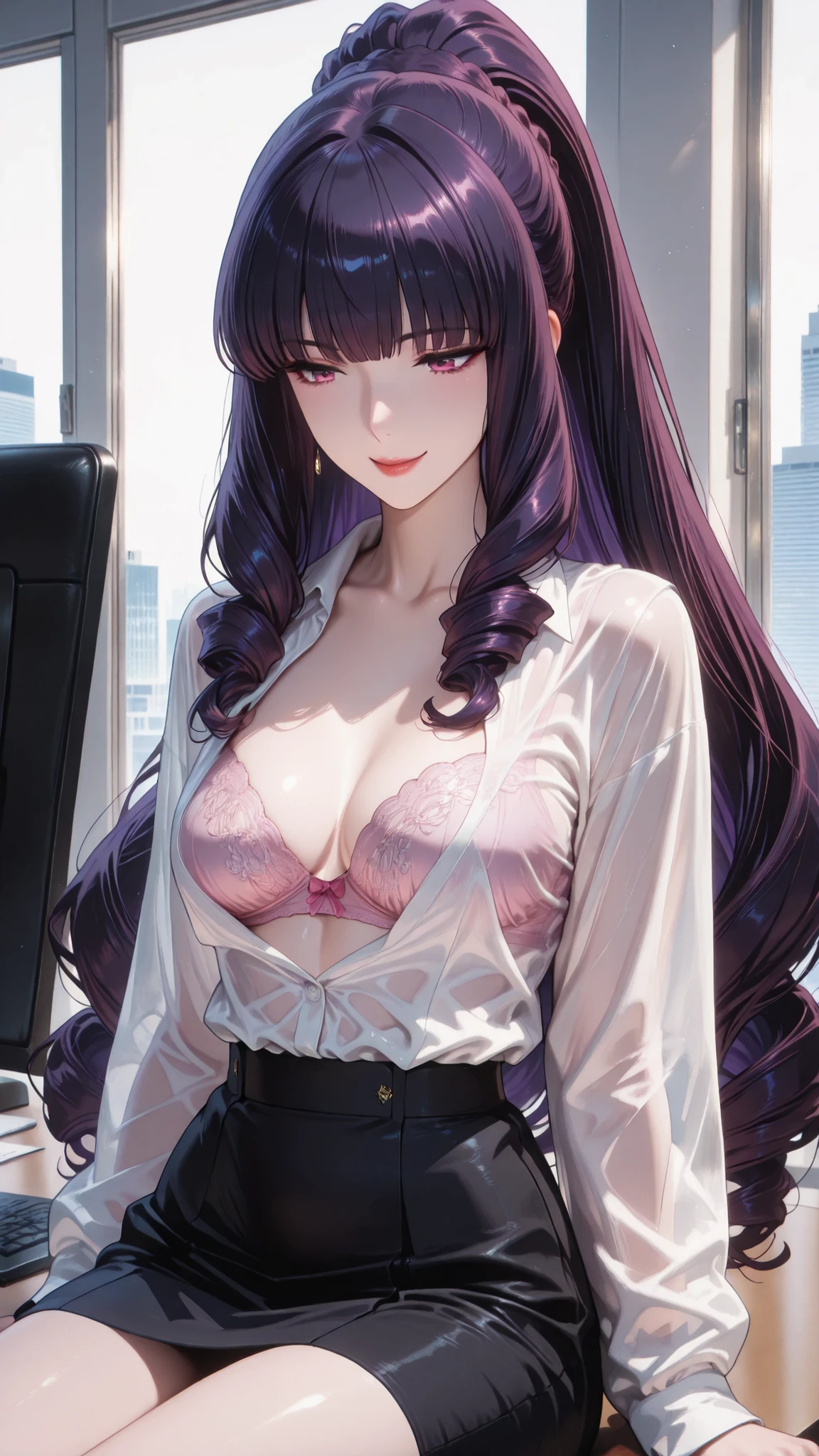 masterpiece, Highest Quality, Shadow Details, Shadows looking down at an angle, shiny details that create sweets, luminous quality, detailed illustration, bright contrast with pink eyes and a prominent smile, thick outline, Anime 2D Style, Super Detailed, 8k, high resolution, Woman with shining dark purple hair, beautiful long hairstyle, small breasts, cute, smoothness skin, beautiful faces, charming, charmingな, transparent white shirt, see-through pink bra , black skirt, cool girl,princess cut,Curly hair on both sides,dynamic pose,office for 1 day,Sitting at an office for 1 day desk ,ponytail,and look straight ahead