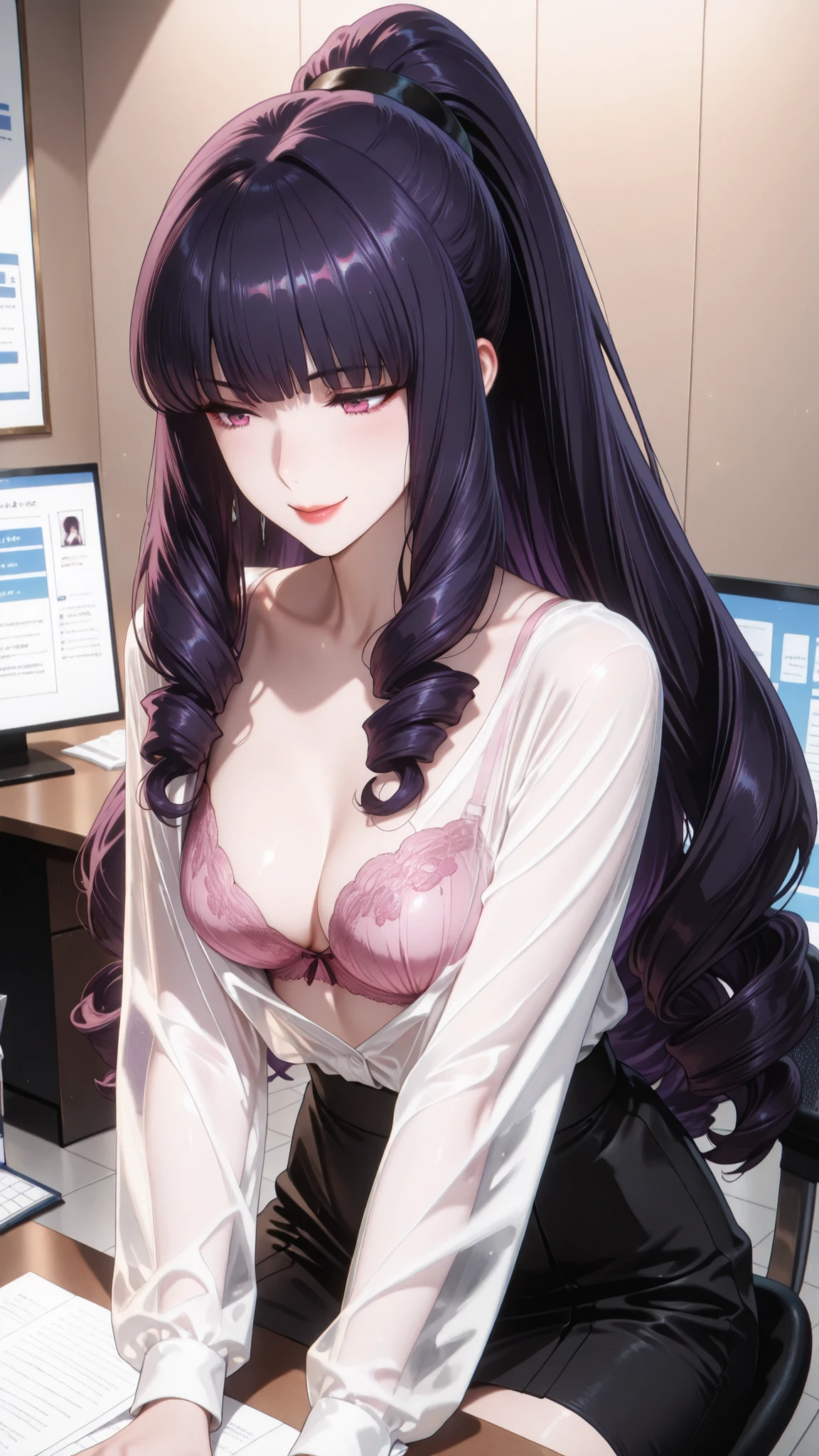 masterpiece, Highest Quality, Shadow Details, Shadows looking down at an angle, shiny details that create sweets, luminous quality, detailed illustration, bright contrast with pink eyes and a prominent smile, thick outline, Anime 2D Style, Super Detailed, 8k, high resolution, Woman with shining dark purple hair, beautiful long hairstyle, small breasts, cute, smoothness skin, beautiful faces, charming, charmingな, transparent white shirt, see-through pink bra , black skirt, cool girl,princess cut,Curly hair on both sides,dynamic pose,office for 1 day,Sitting at an office for 1 day desk ,ponytail,and look straight ahead