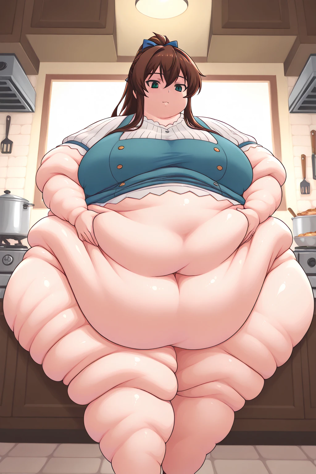 Scarlett Johansson, (masterpiece quality, (masterpiece quality:1.3), realistic, (realistic:1.3), 1girl, (1girl:1.9), solo, (solo:1.9), short hair, brunette, (brunette:1.5), in a bakery, lots of bread in background, wearing college uniform, wearing choker collar, ????? ???????, (????? ???????:1.9), ??????????, (??????????:1.9), ???? legs, (???? legs:1.5), ????????????????, (????????????????:1.5), obese belly, (obese belly:1.5), ssbbw, (ssbbw:1.5), vore belly, (vore belly:1.5), worried, (worried face:1.5),