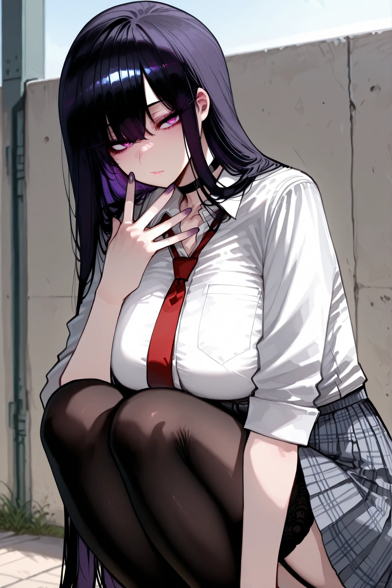 1girl, solo, anime girl, onee-san, masterpiece, aesthetic, very long hair, black hair, no hairpin, purple eyes, sharp eye outlines, long eyelashes, looking at viewer, makeup, big breasts, school uniform, white blouse, rolled up sleeve, open collar, grey plaid pleated skirt, red necktie, black choker, black garter stockings, polished nails, squatting, school wall, soft skin, volume light, depth of field, daytime, high detail, highres, {{detailed eyes}}, perfect eyes, {{perfecteyes}}, perfect composition, intricate details, detailed and polished anime style, detailed hand, {{perfect hand}}, {{five anatomically accurate fingers}}, 4K, 8K, r4t4_illu.