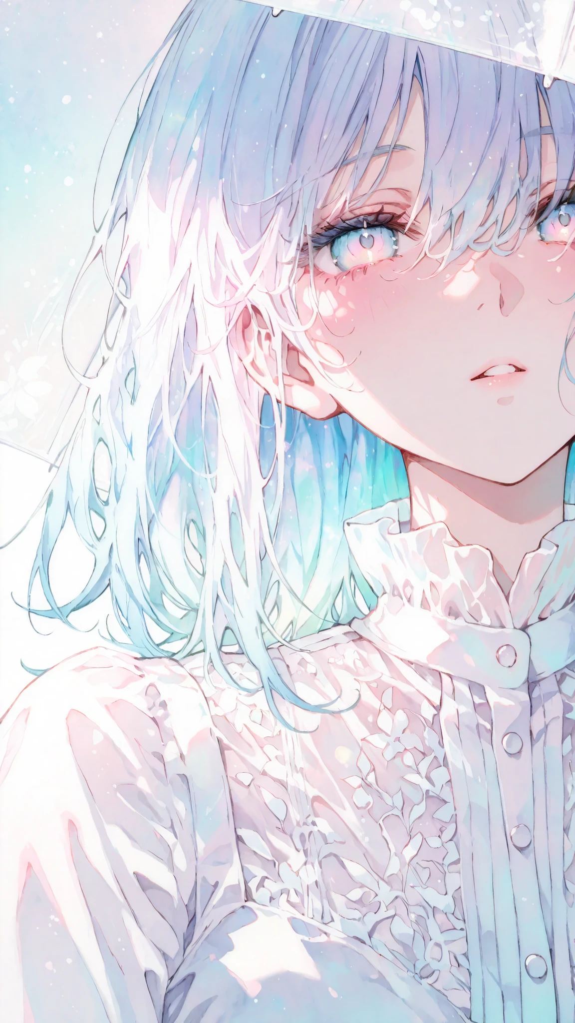 Masterpiece, best quality, amazing quality, highres, absurdly beautiful, close up, A beautiful girl, very light blue hair, medium hair, slightly messy hair, violet-blue-blue-green holographic eyes, beautiful eyes, dress, white umbrella, elegant posture, opal light reflection, pastel iridescent color