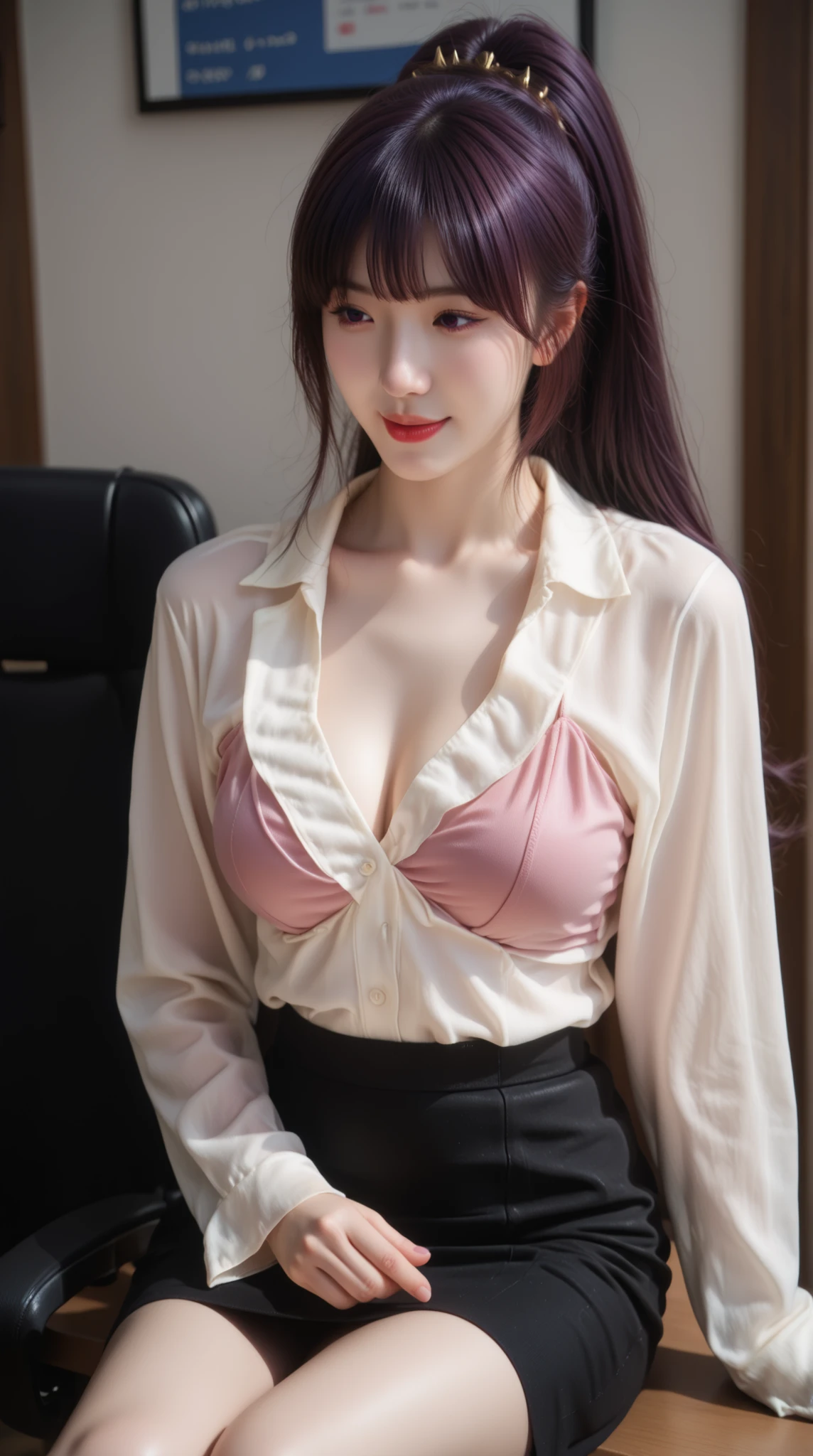 masterpiece, Highest Quality, Shadow Details, Shadows looking down at an angle, shiny details that create sweets, luminous quality, detailed illustration, bright contrast with pink eyes and a prominent smile, thick outline, Anime 2D Style, Super Detailed, 8k, high resolution, Woman with shining dark purple hair, beautiful long hairstyle, small breasts, cute, smoothness skin, beautiful faces, charming, charmingな, transparent white shirt, see-through pink bra , black skirt, cool girl,princess cut,Curly hair on both sides,dynamic pose,office for 1 day,Sitting at an office for 1 day desk ,ponytail,and look straight ahead