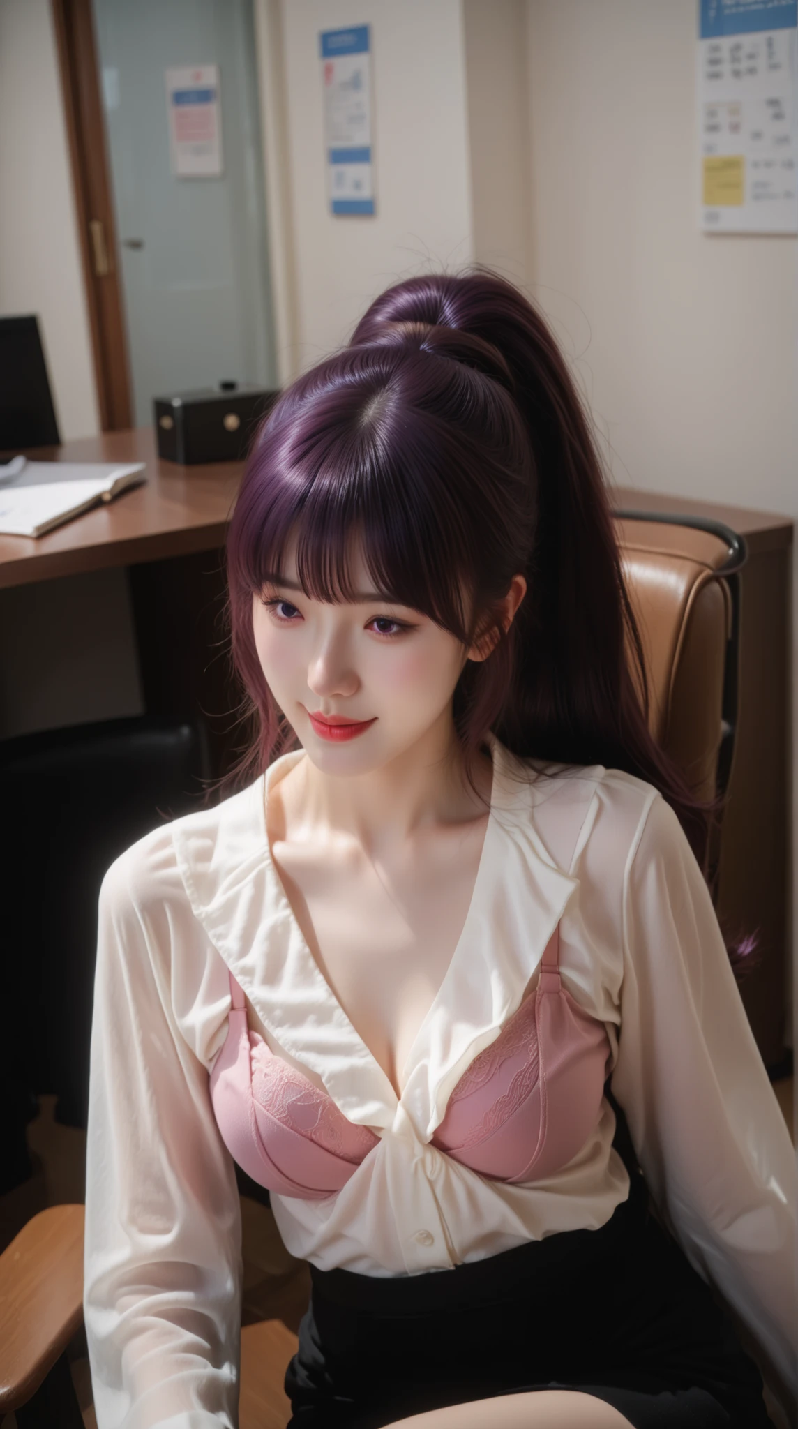 masterpiece, Highest Quality, Shadow Details, Shadows looking down at an angle, shiny details that create sweets, luminous quality, detailed illustration,   bright contrast with pink eyes and a prominent smile, thick outline, Anime 2D Style, Super Detailed, 8k, high resolution, Woman with shining dark purple hair, beautiful long hairstyle, small , cute, smoothness skin, beautiful faces, charming, charmingな, transparent white shirt, see-through pink bra , black skirt, cool girl,princess cut,Curly hair on both sides,dynamic pose,office for 1 day,Sitting at an office for 1 day desk ,ponytail,and look straight ahead