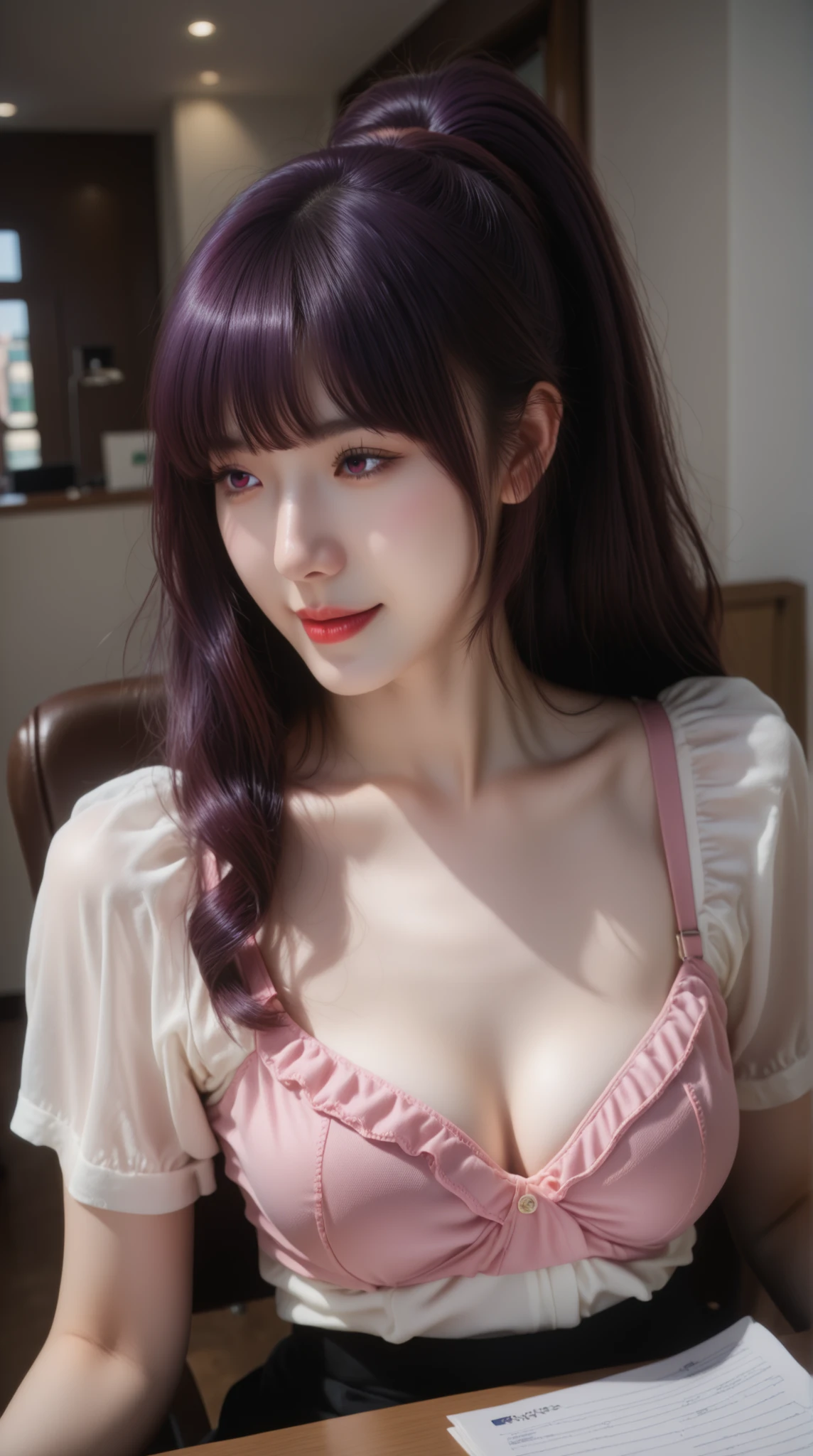 masterpiece, Highest Quality, Shadow Details, Shadows looking down at an angle, shiny details that create sweets, luminous quality, detailed illustration, bright contrast with pink eyes and a prominent smile, thick outline, Anime 2D Style, Super Detailed, 8k, high resolution, Woman with shining dark purple hair, beautiful long hairstyle, small breasts, cute, smoothness skin, beautiful faces, charming, charmingな, transparent white shirt, see-through pink bra , black skirt, cool girl,princess cut,Curly hair on both sides,dynamic pose,office for 1 day,Sitting at an office for 1 day desk ,ponytail,and look straight ahead