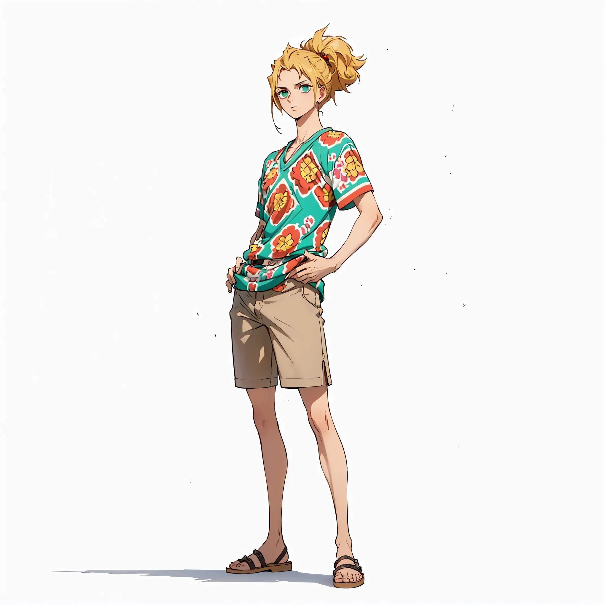 (male), (adult man), (slim body), (blonde hair), (long voluminous hairstyle), (green eyes), (no beard), (no rings), (solo), (single character), (full body version), (white background), (no background), (highly detailed), (shadow), (standing pose), (natural light), (detailed outfit), (detailed hand), (detailed face), (detailed hair)
Wearing a short-sleeved patterned shirt with warm tropical colors, buttoned halfway, paired with light brown shorts and casual brown sandals, (one piece style art)