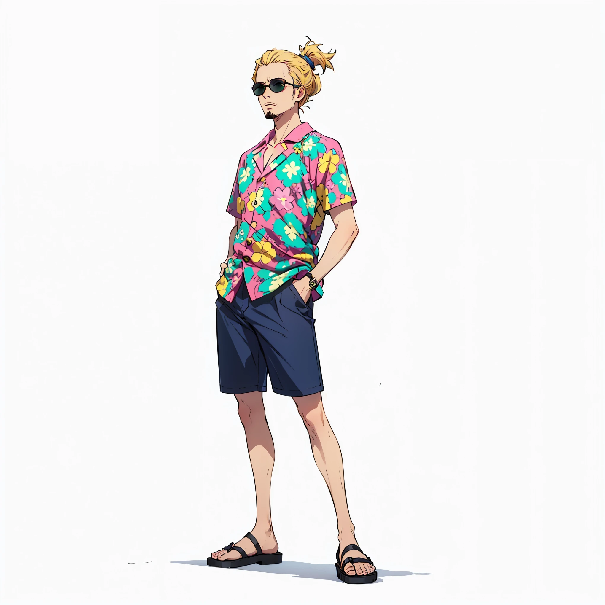 (male), (old man), (slim body), (blonde hair), (long voluminous hairstyle), (green eyes), (round sunglasses), (short goatee), (hand on pocket), (solo), (single character), (full body version), (white background), (no background), (highly detailed), (shadow), (standing pose), (natural light), (detailed outfit), (detailed hand), (detailed face), (detailed hair), (calm pose)
Wearing a colorful floral-patterned open Hawaiian shirt with a relaxed fit, navy blue shorts, and black sandals, (one piece style art)