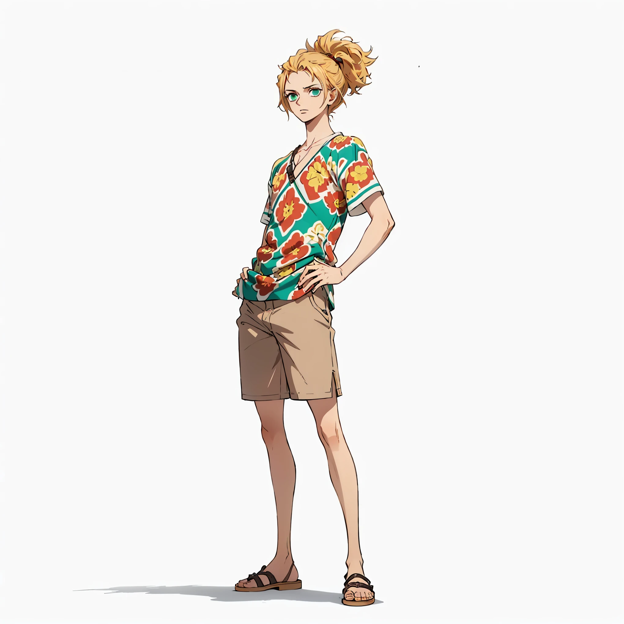 (male), (adult man), (slim body), (blonde hair), (long voluminous hairstyle), (green eyes), (no beard), (no rings), (solo), (single character), (full body version), (white background), (no background), (highly detailed), (shadow), (standing pose), (natural light), (detailed outfit), (detailed hand), (detailed face), (detailed hair)
Wearing a short-sleeved patterned shirt with warm tropical colors, buttoned halfway, paired with light brown shorts and casual brown sandals, (one piece style art)