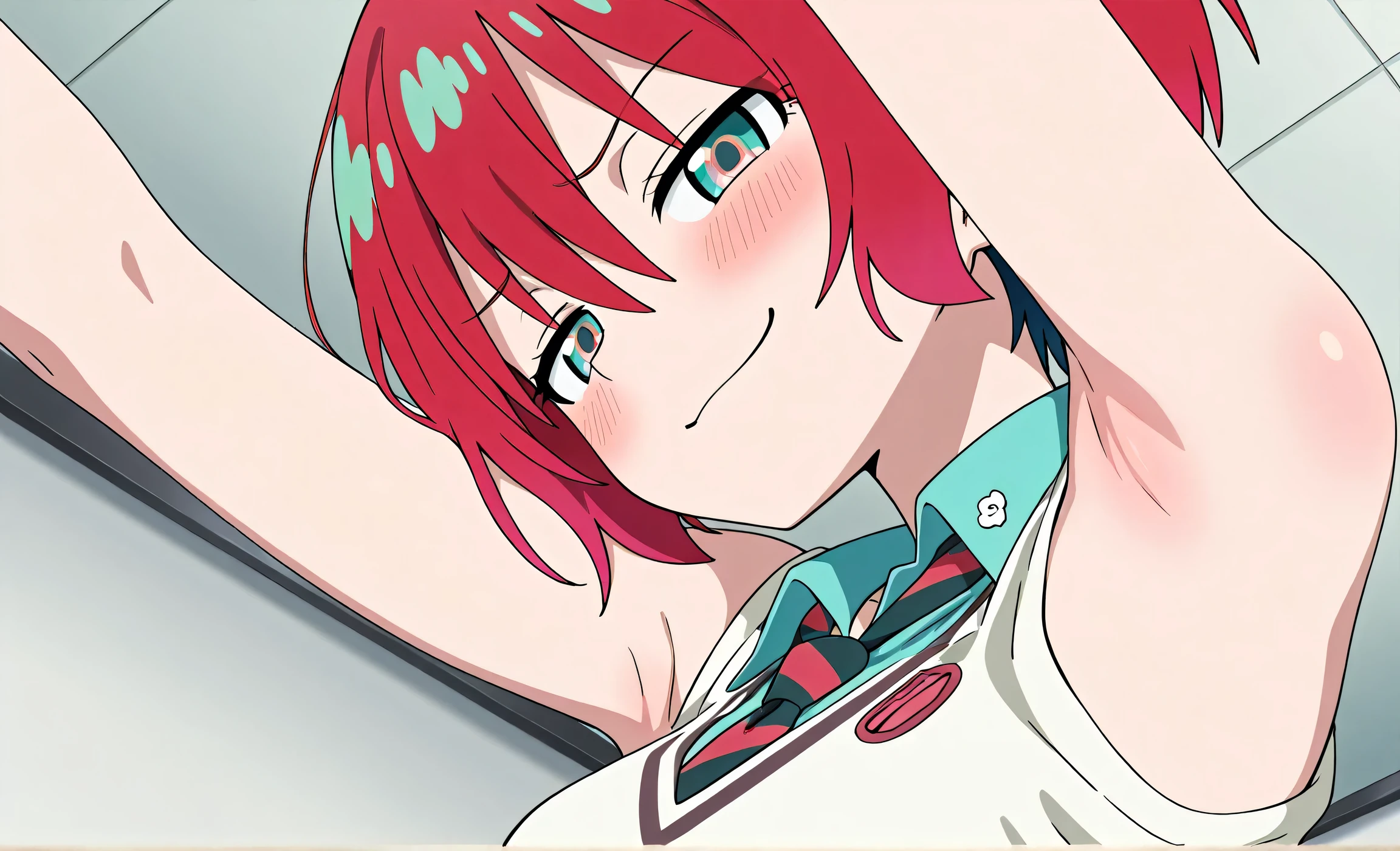masterpiece, best quality, amazing quality, anime screencap, anime coloring, 1girl, solo, amate yuzuriha, short hair, red hair, aqua eyes, multicolored eyes, small breasts, aqua shirt, white sweater, striped necktie, sleeveless, bare shoulders, bare arms, arm up, raised arm, armpit, armpit focus, head towards viewer, looking at viewer, smile, smug, half-closed eyes, blush, closed mouth, indoors, white wall, from side, from below, armpit up close, close-up of armpit