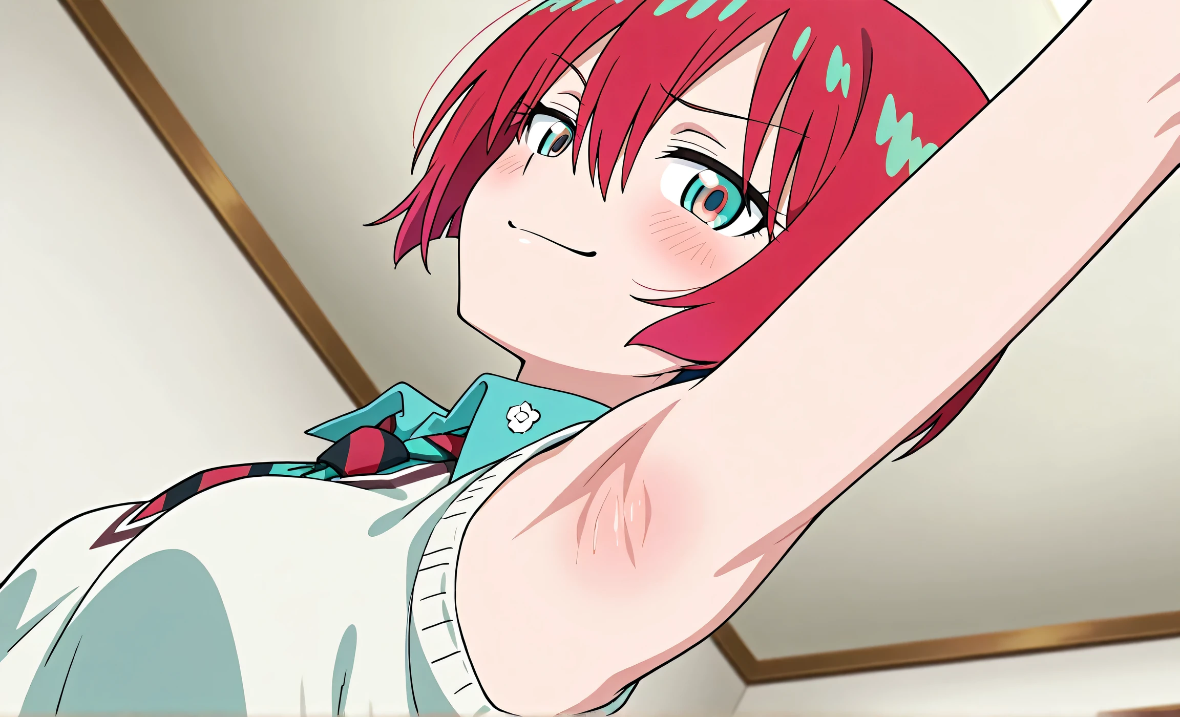masterpiece, best quality, amazing quality, anime screencap, anime coloring, 1girl, solo, amate yuzuriha, short hair, red hair, aqua eyes, multicolored eyes, small breasts, aqua shirt, white sweater, striped necktie, tucked in necktie, sleeveless, bare shoulders, bare arms, arm up, raised arm, armpit, armpit focus, head towards viewer, looking at viewer, smile, smug, half-closed eyes, blush, closed mouth, indoors, white wall, from side, from below, armpit up close, close-up of armpit