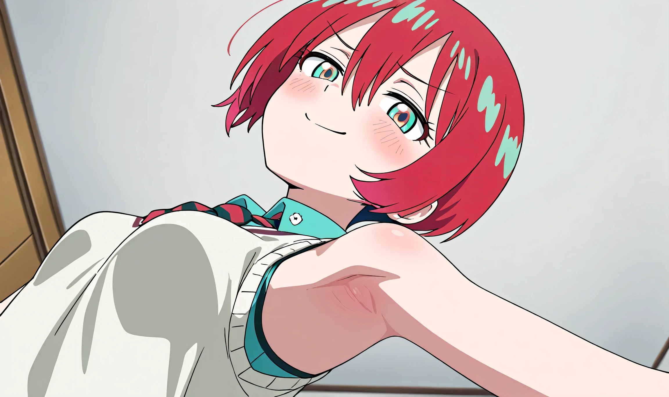 masterpiece, best quality, amazing quality, anime screencap, anime coloring, 1girl, solo, amate yuzuriha, short hair, red hair, aqua eyes, multicolored eyes, small breasts, aqua shirt, white sweater, striped necktie, tucked in necktie, sleeveless, bare shoulders, bare arms, armpit, armpit focus, head towards viewer, looking at viewer, smile, smug, half-closed eyes, blush, closed mouth, indoors, white wall, from side, from below