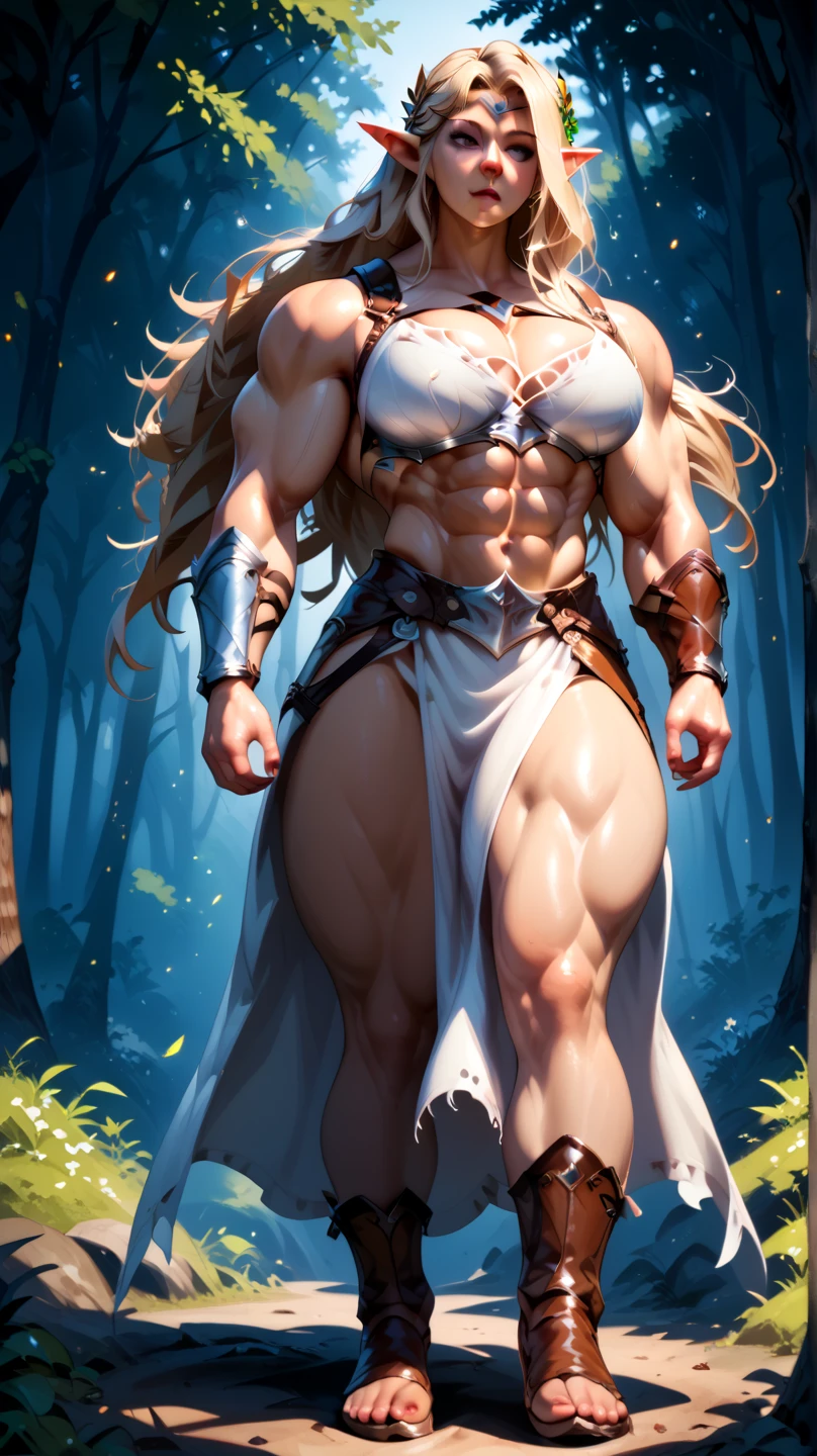 8k_wallpaper, extremely detailed eyes, extremely detailed body, (large masterpiece digital art), ((perfect ??????? ??????????)), (intricate details:1.3), (ultra-detailed:1.3), (sharp focus:1.3), (natural lighting:1.05), (vivid colors:1.3), (best quality:1.4), high quality, expressive eyes, full body, tall girl, detailed face, beautiful face, perfect face, woman with golden eyes and a tail of lush yellow sandy hair, a predatory smile, a grin, tanned dark bronze skin, ??????????, powerful sculpted abdominal muscles, powerful sculpted leg muscles, powerful sculpted thigh muscles, powerful sculpted arm muscles, ????? ??????? with large ???????, ????????????????, large gold rings, leather shorts through which they stand out outline of a ?????, walking through the forest, trees with blue foliage and white flowers,