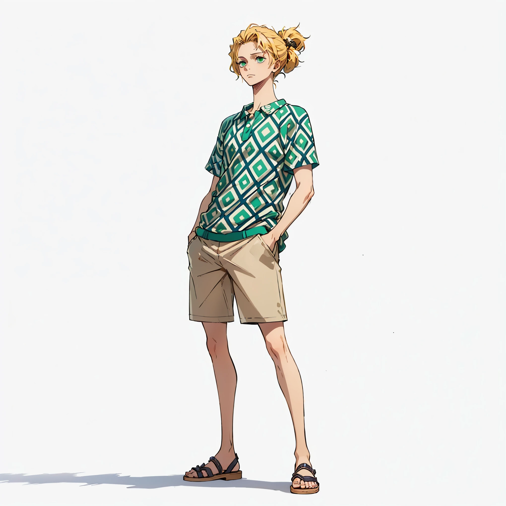 (male), (adult man), (slim body), (blonde hair), (long voluminous hairstyle), (green eyes), (no beard), (no rings), (solo), (single character), (hand in pocket), (full body version), (white background), (no background), (highly detailed), (shadow), (standing pose), (natural light), (detailed outfit), (detailed hand), (detailed face), (detailed hair)
Wearing a short-sleeved patterned shirt with warm tropical colors, buttoned halfway, paired with light brown shorts and casual brown sandals, (one piece style art)