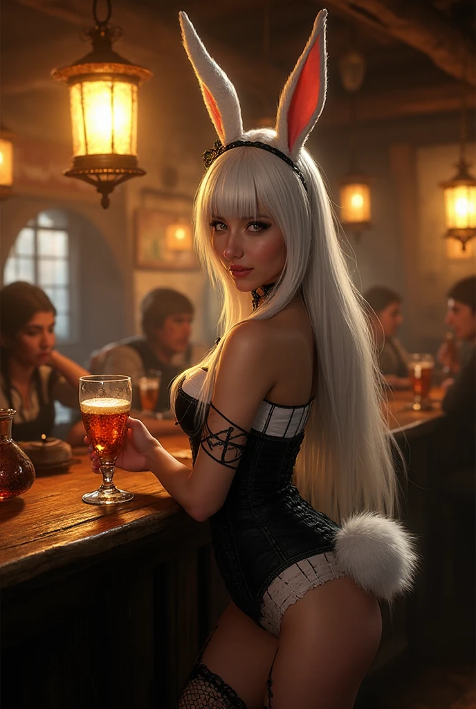 (Best Quality, High Resolution, Masterpiece: 1.3), a slender tall woman with ??????????? perfect woman, (Rapunzel bunny), exposed in a ???? short skirt, in a bar, details of face and skin texture beautifully presented, detailed eyes, double eyelids, ???? pose, realistic, leaky half breastball --auto --s2