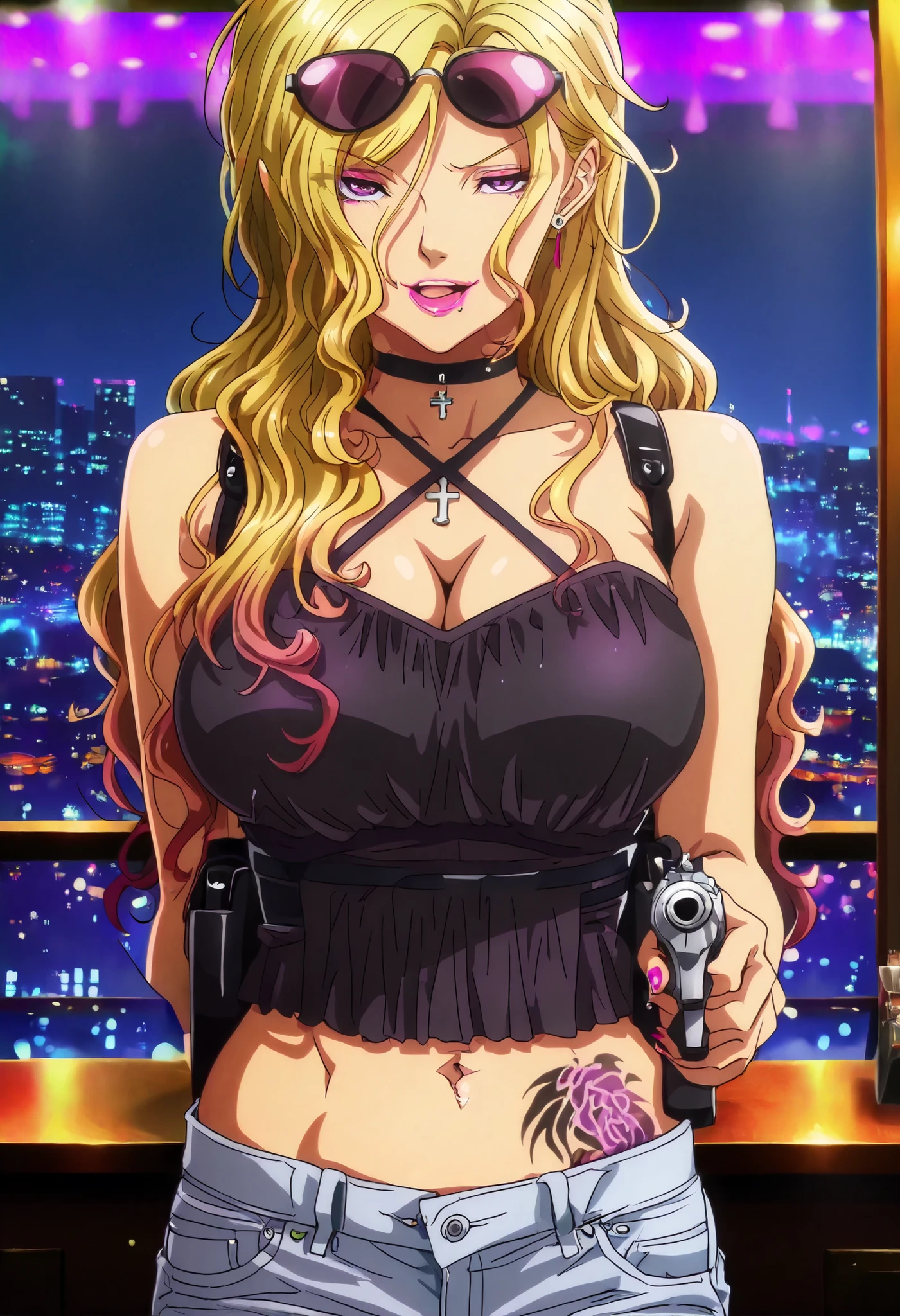 ((masterpiece)),(((best quality))),((ultra-detailed)),((illustration)),((disheveled hair)),((frills)),(1 girl),(solo), Rui \( Okusama no Kaifuku Jutsu\), blonde hair, long hair, purple eyes, lips, lipstick, makeup,mature,sexy, (anime coloring, anime screencap:1.2), 1girl,,, solo,, lipstick, nail polish, ear piercing, long hair, , lipstick, Hot girl, baddie, smoking, sensual, attractive ,choker, ,cross necklace, bar background, inside bar, indoors, cityscape, casino, nightclub, city lights,, pull_down jeans(show off panties,:1.2, no panties),masterpiece,high quality,4k,belly,,holding pistol,cleavage, tied shirt,,unbuttoned shirt, collared shirt, knot, smile, open mouth, () , evil expression,belly, exposed navel, exposed midriff, exposed lower belly,dragon print jacket, unbuttoned jeans , low rise black jeans, Low rise jeans with open fly, motorcycle jacket, criss-cross halter with center opening, shoulder holster,, sunglasses on head,,, shoulder holster, medium , waist dragon tattoo, narrowed eyes, tattoo waist, , anime screencap , anime coloring, looking at viewer , v-shaped eyebrows,