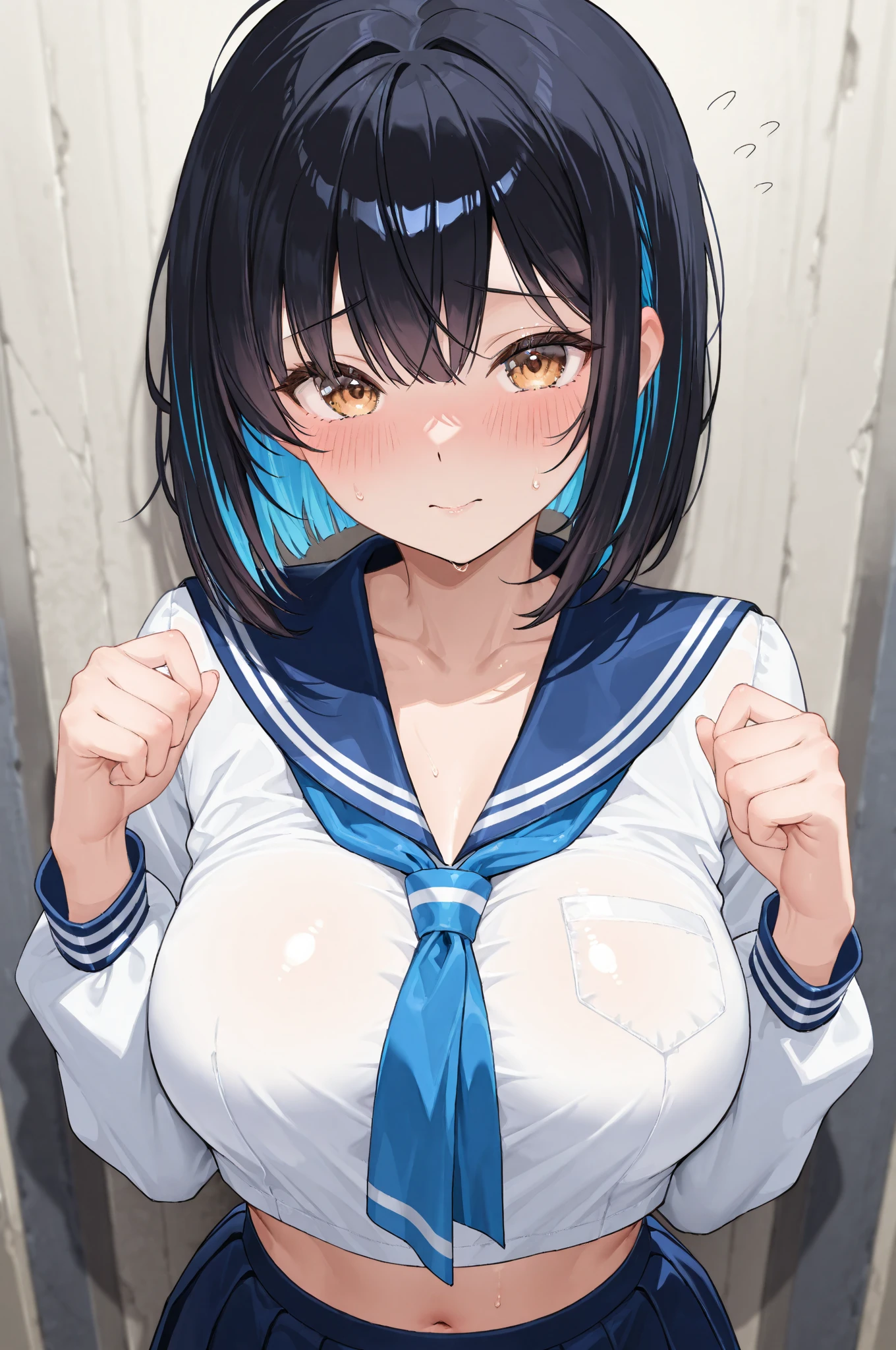 (best quality), (Super detailed), (Best Illustration), (detailed eyes), (????), (1girl), look at viewer, white serafuku, (show off ???????:1.2), (show off ???????:1.3), curvy body, blush, brown hair, (bob cut), curly hair, hairs between eyes, twinkle(in the eyes), blue eyes, (school:1.3),